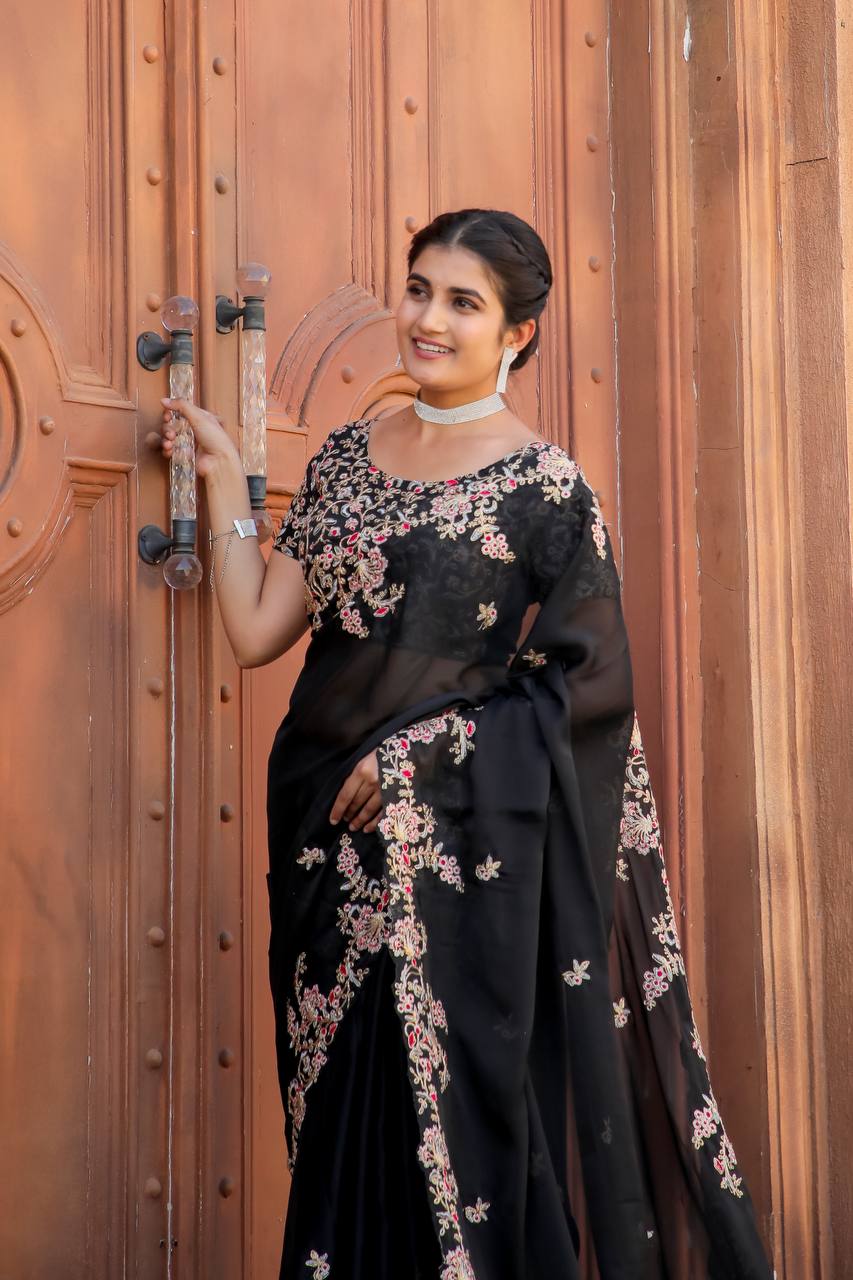 Black Heavy Kasturi silk saree with thread , zari & dori work - INSPIRED - qivii