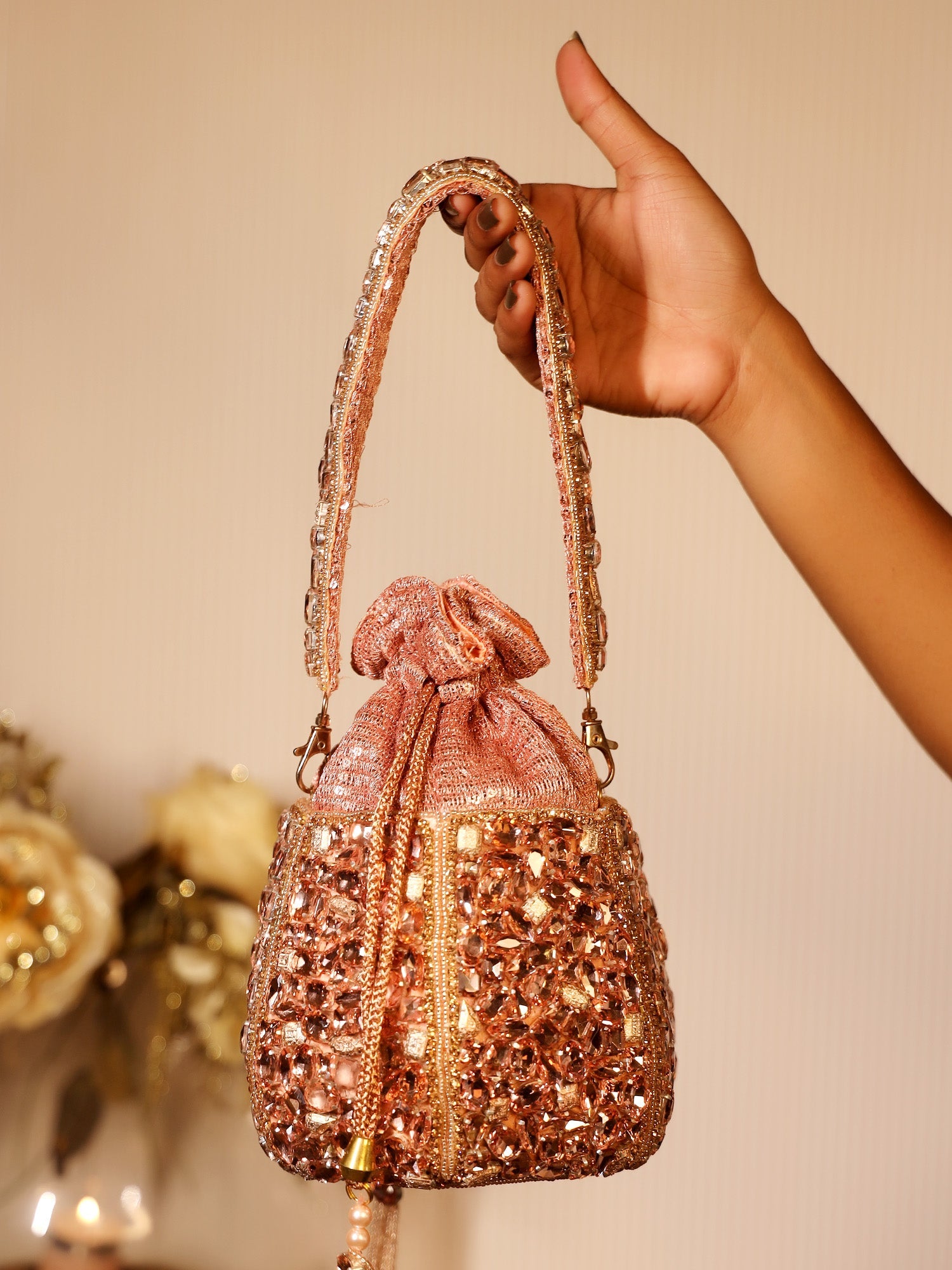 Ambre Rose Gold Diamond Work Potli Bag - qivii