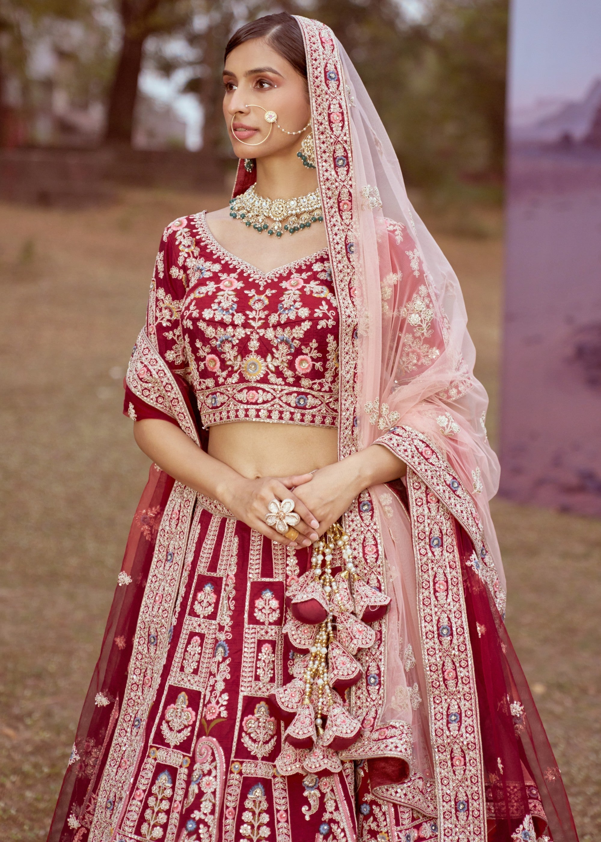 Maroon Pure Silk Moti, Sequins Embroidery Bridal Lehenga | Ready To Wear - qivii