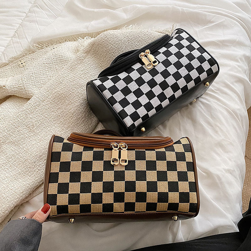 Women's Large Checkered Makeup Organizer – Oversized Travel Toiletry Bag with Zippered Pockets & Detachable Strap | Waterproof Patchwork Cosmetic Case