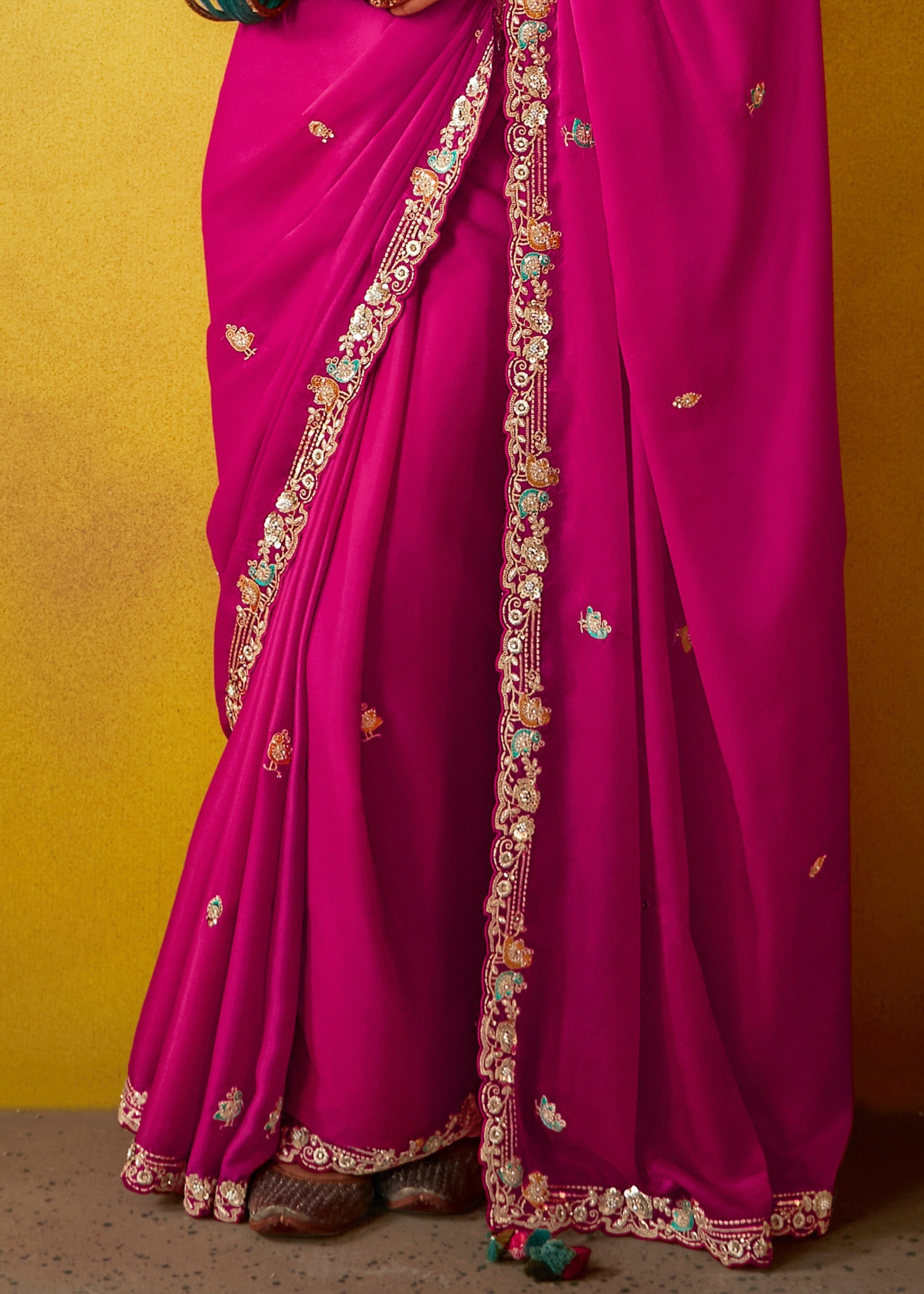 Barbie Pink Glass Tissue Silk Saree With Sequins And Thread Embroidered Work - qivii
