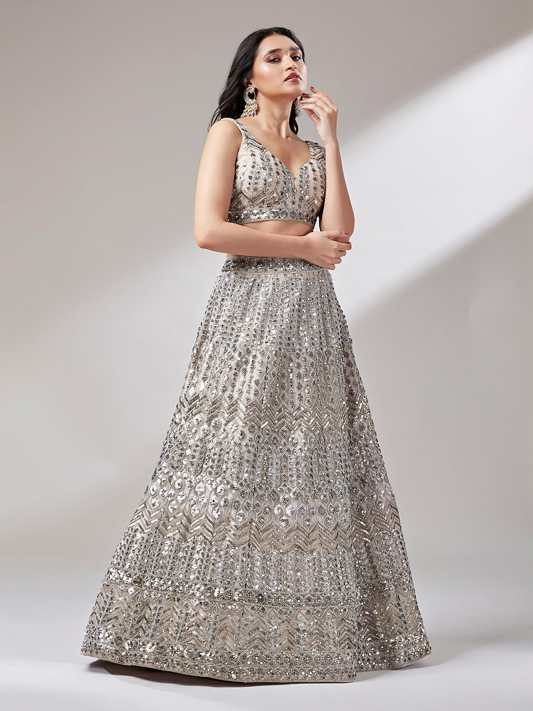 Beige - Net Mirror & Sequins Embroiderey Semi-Stitched Lehenga choli - qivii