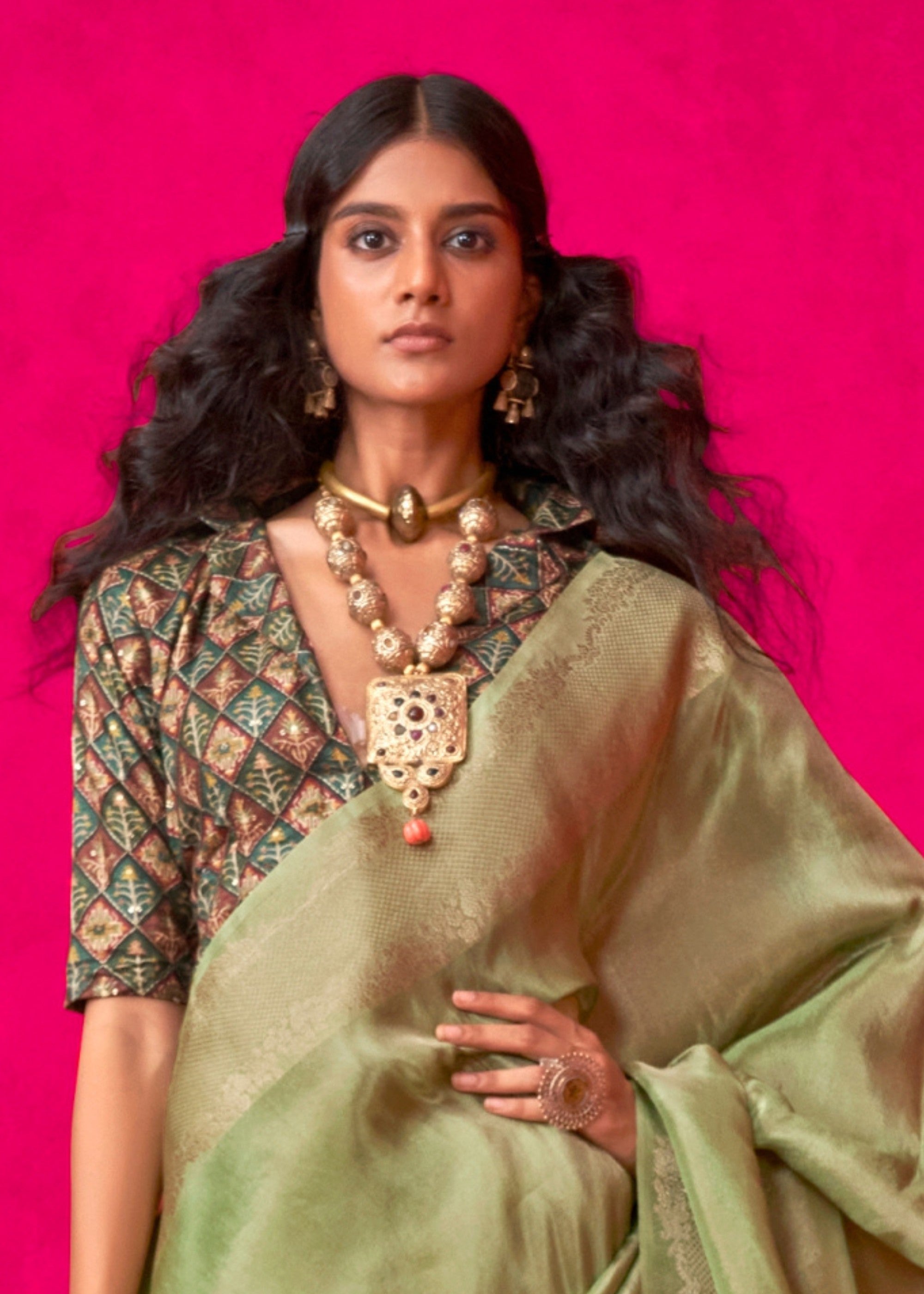 Bud Green Zari Tissue Silk Saree With Weaving Border - qivii