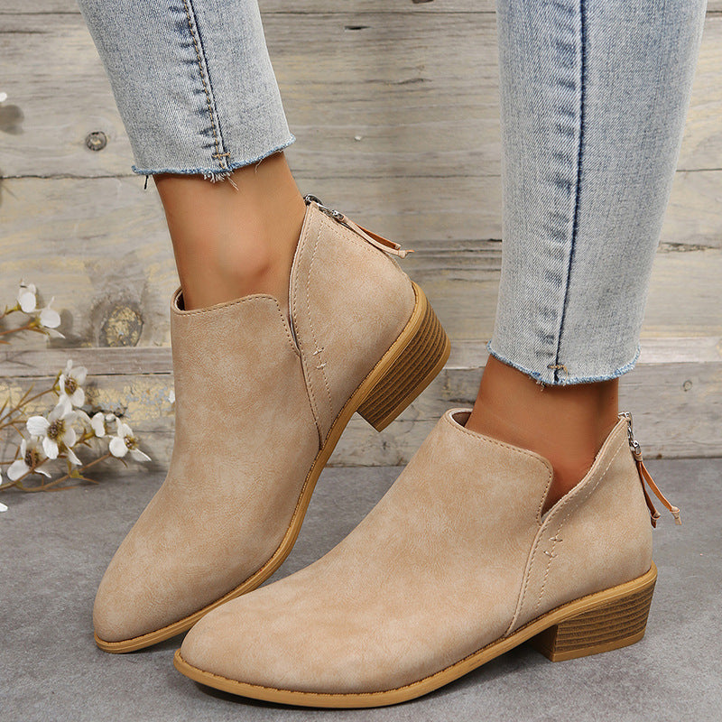 Plus Size Women's British-Inspired Solid-Color Pointed Toe Casual Fashion Boots with Rear Zipper & Low Chunky Hee