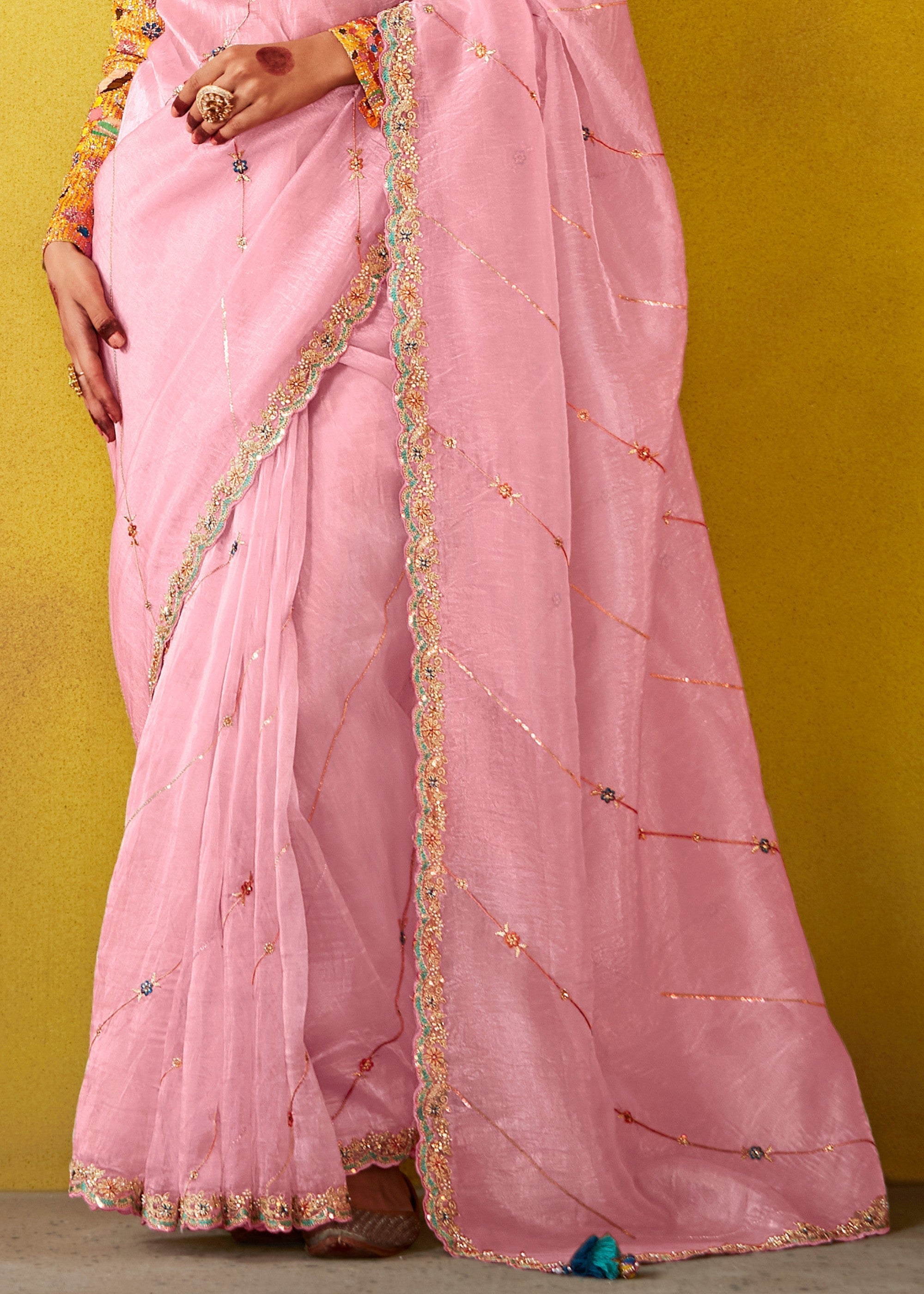 Soft Pink Glass Tissue Silk Saree With Sequins And Thread Embroidered Work - qivii