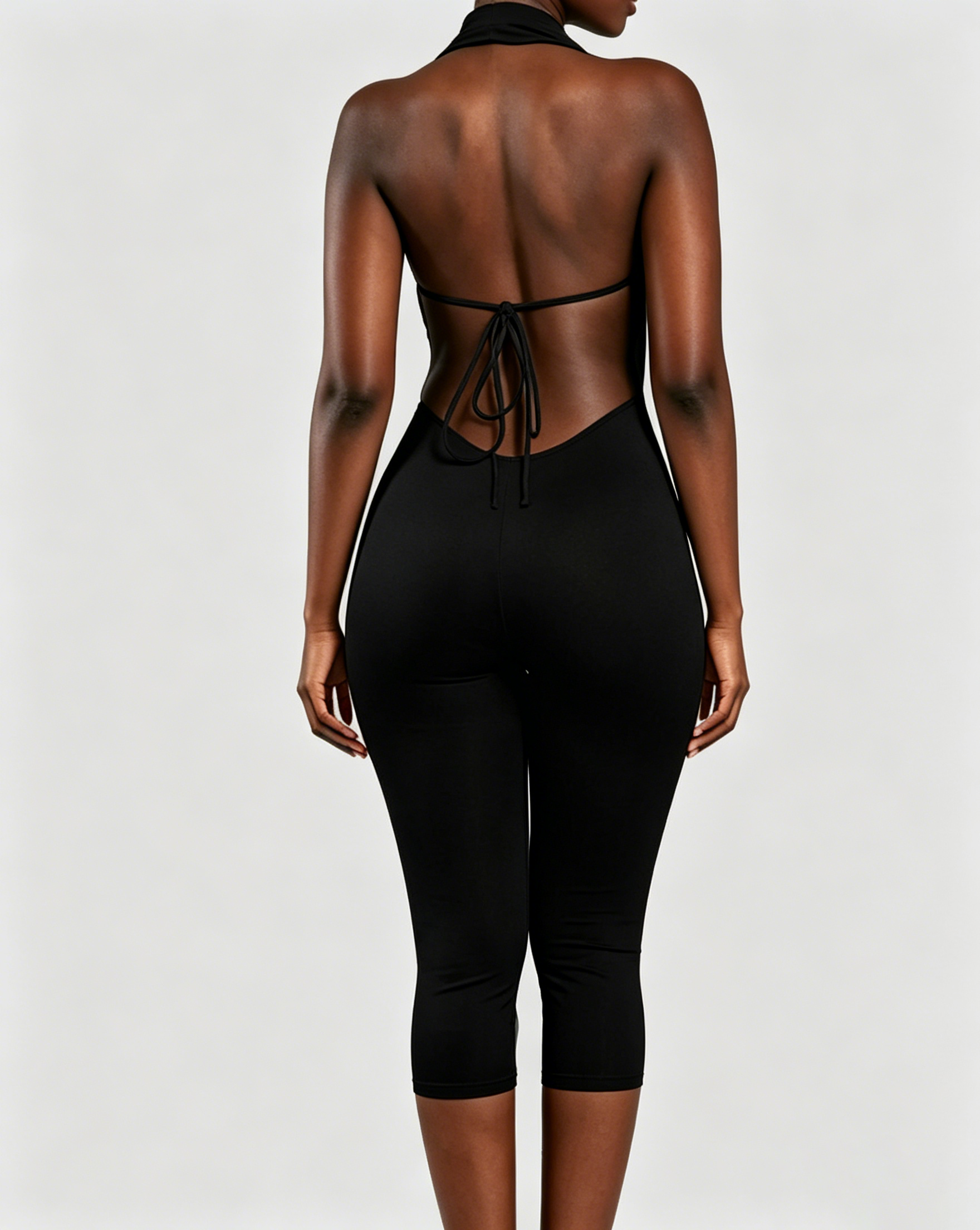 V Neck Halter Open Back Tie Capri Jumpsuit - By Qivii