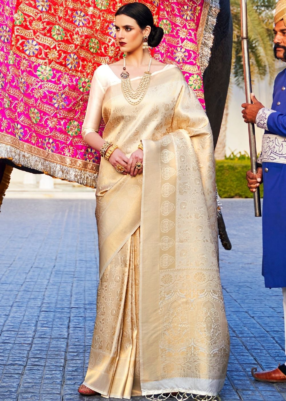 White Gold Handloom Weave Kanjivaram Silk Saree - qivii