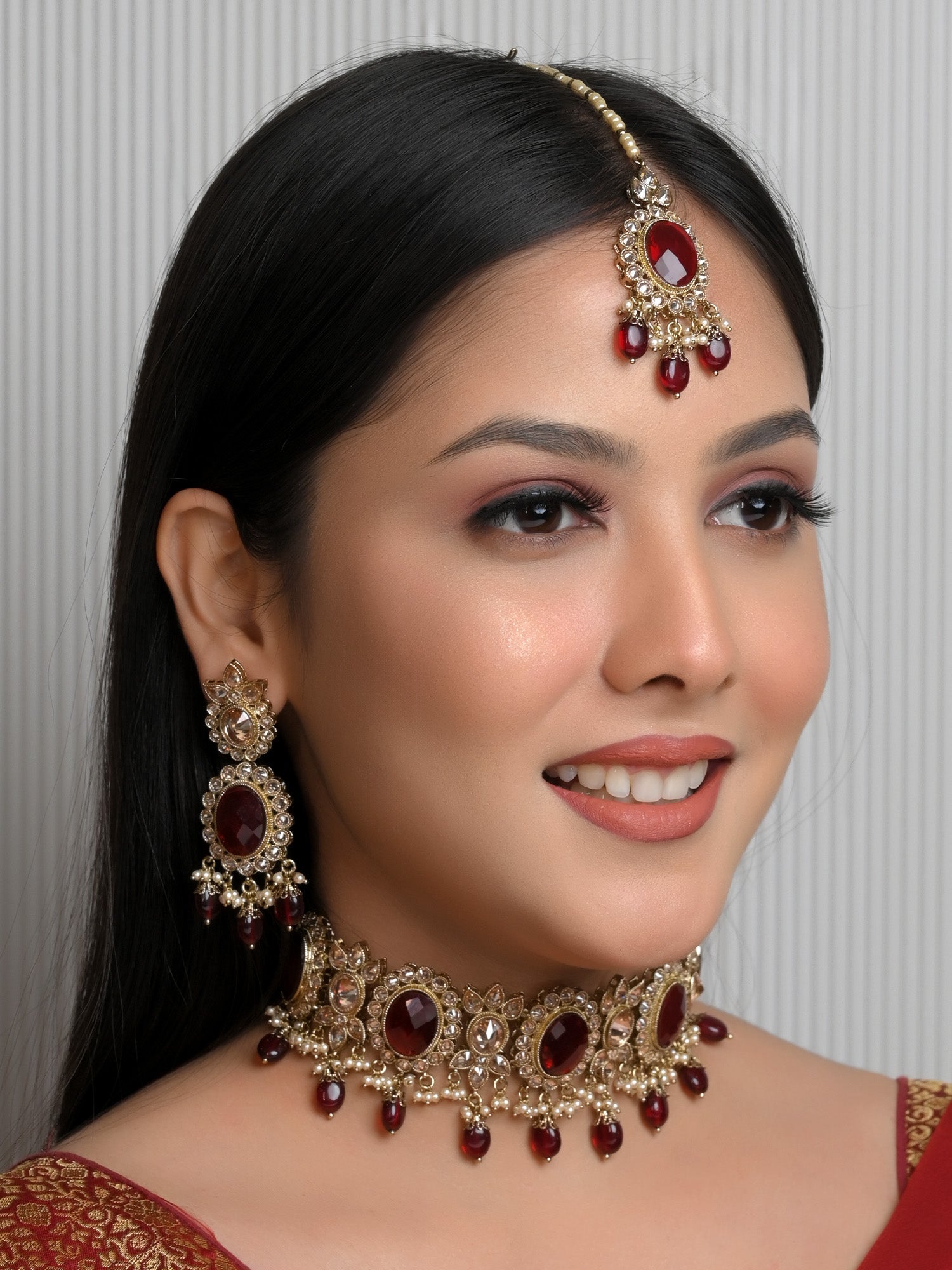 Aadhya Maroon Polki Choker Set with Pearl Hanging and Teeka