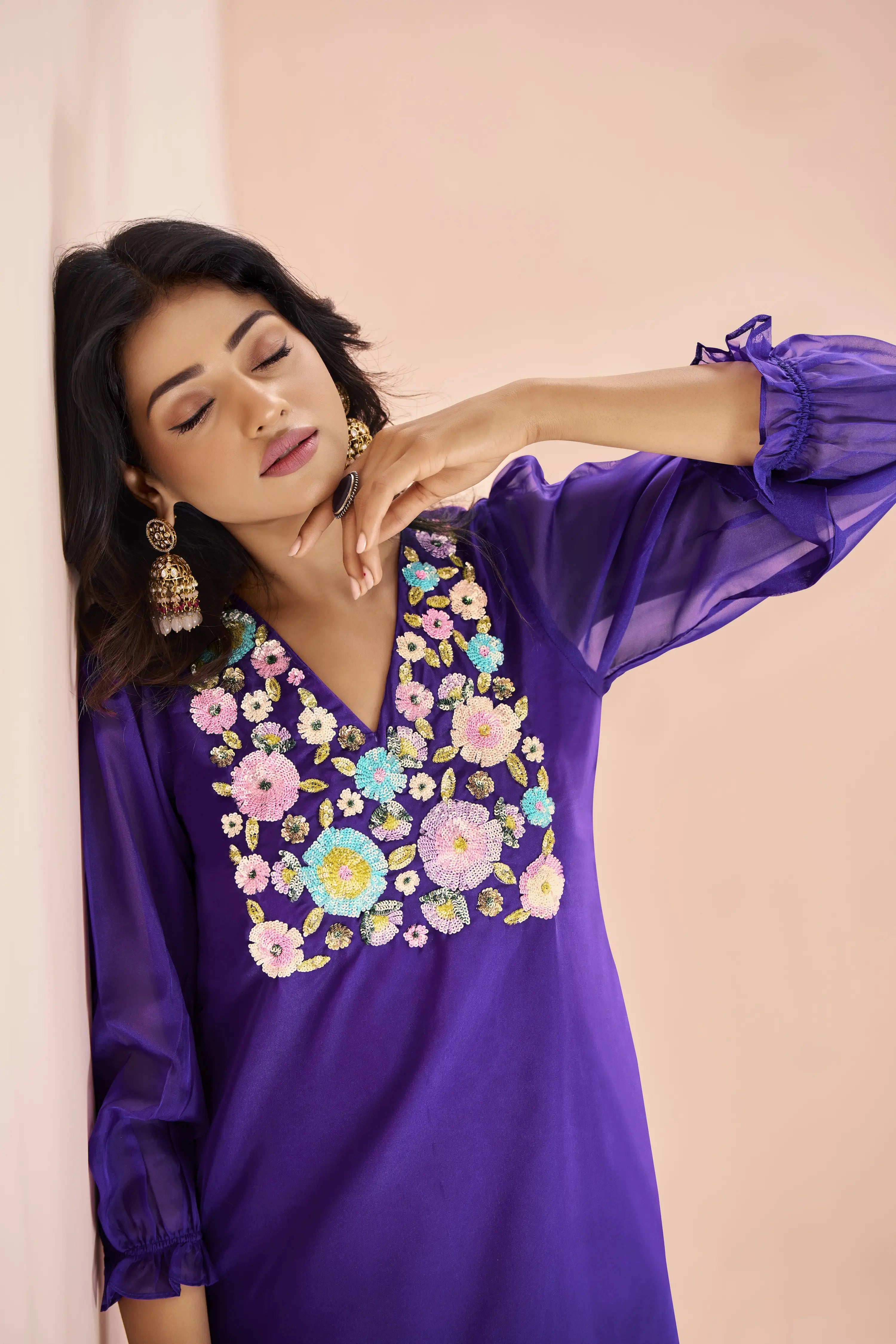 Purple Organza Salwar Suit With Handwork - qivii