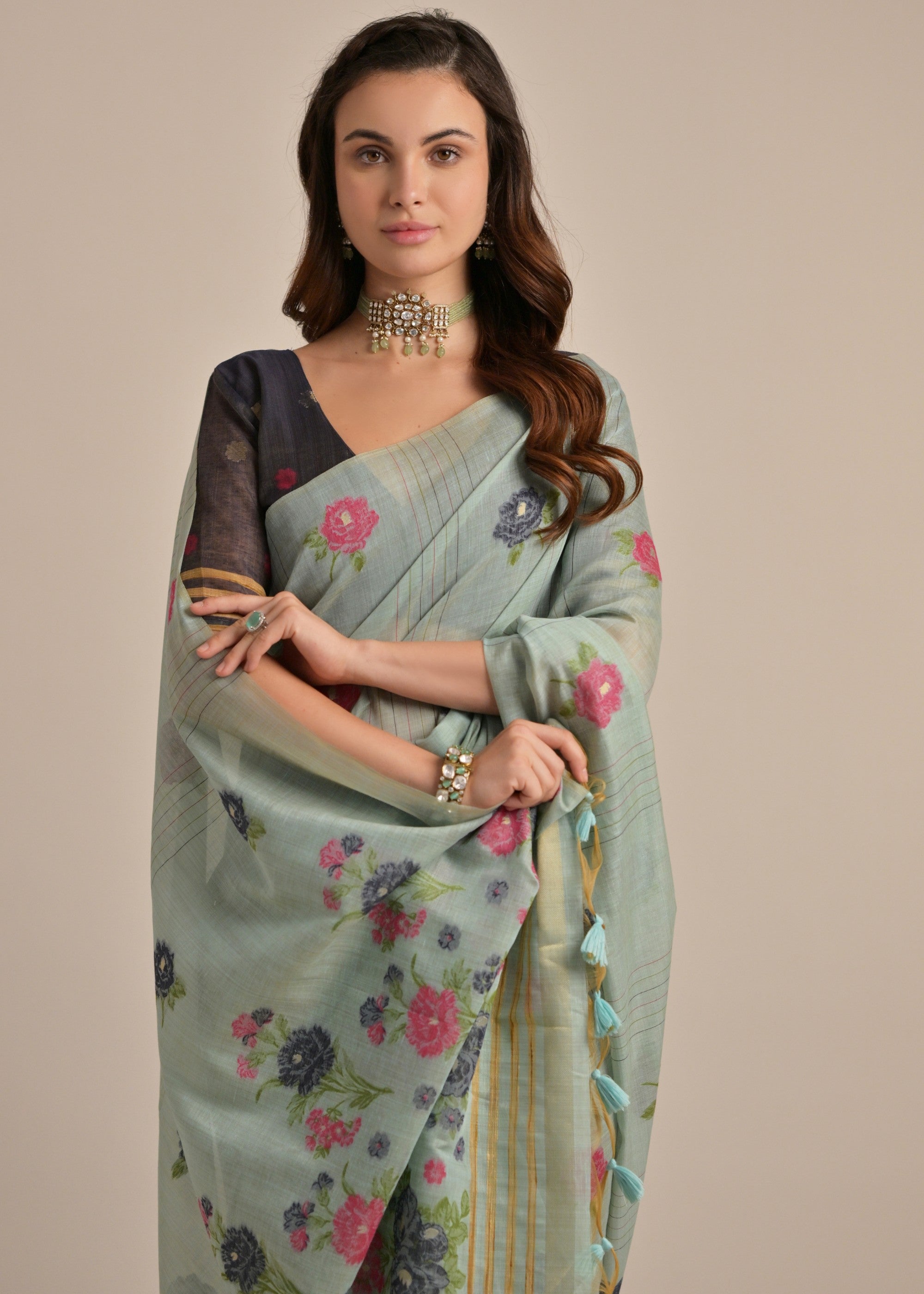 Cadet Blue Thread Woven Cotton Saree With Contrast Blouse - qivii