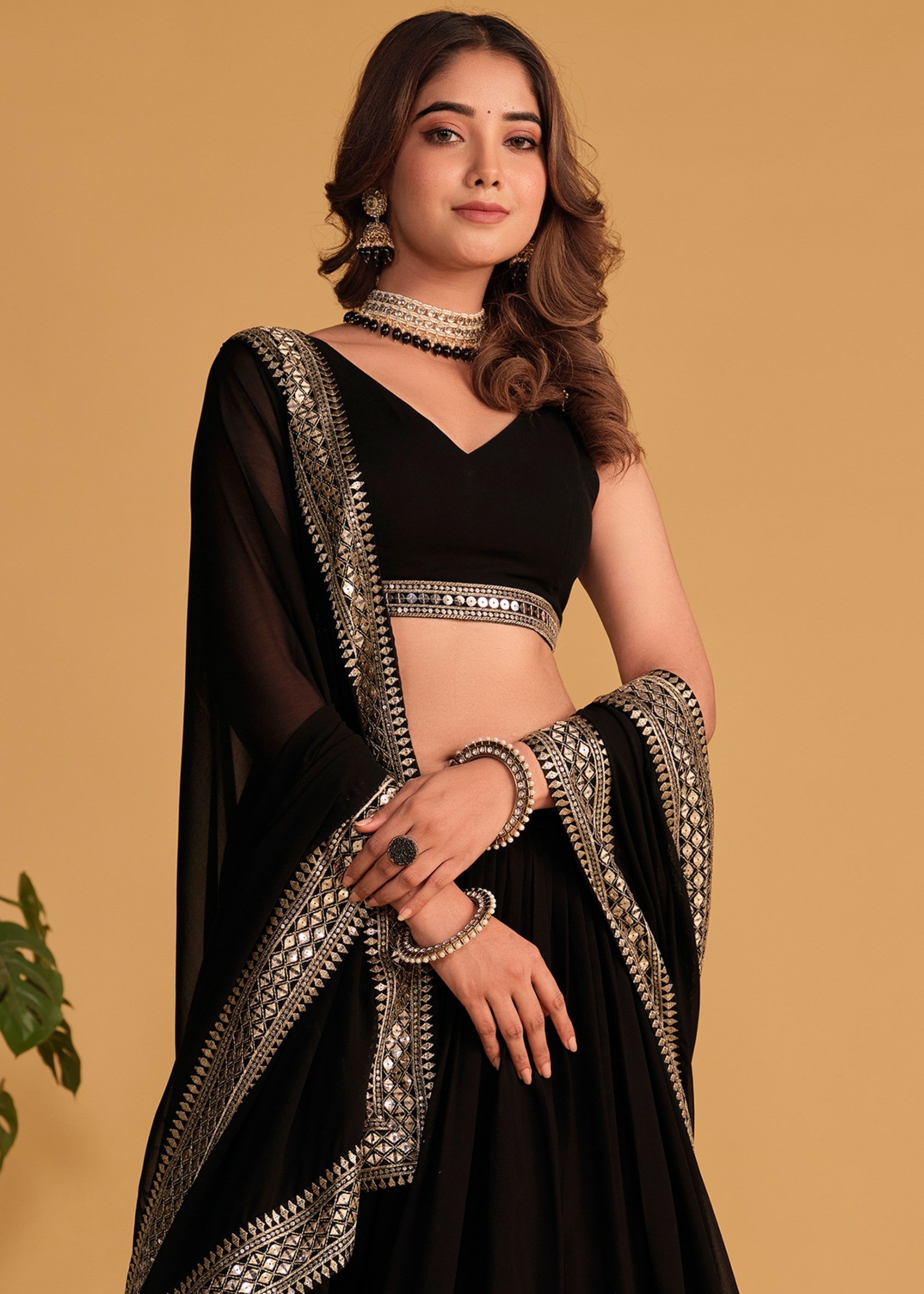 Onyx Black Georgette Lehenga Choli With Sequins Zari Embroidered Work : Top Pick | Ready To Wear - qivii