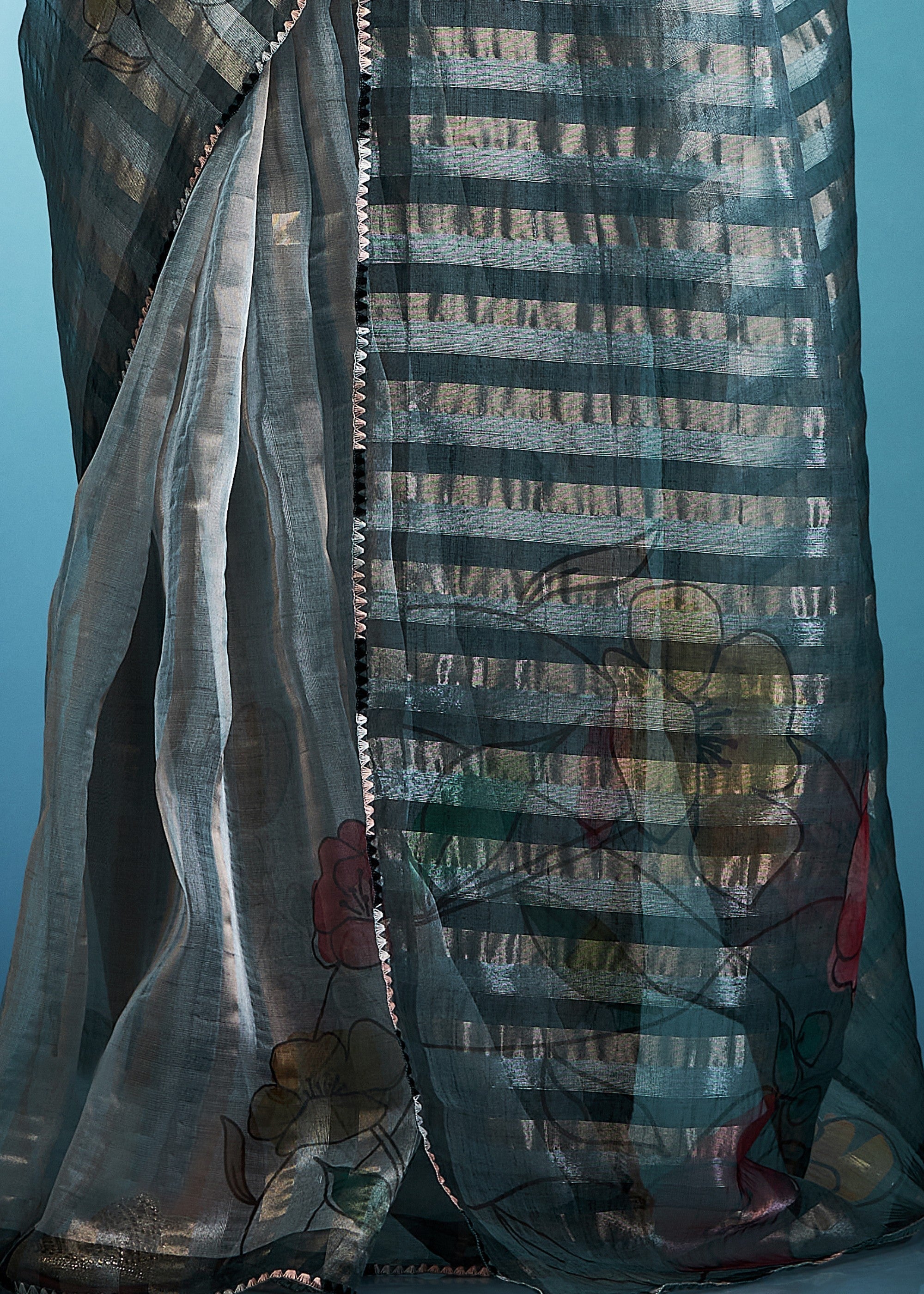 Iron Grey Tissue Silk Saree With Floral Print - qivii