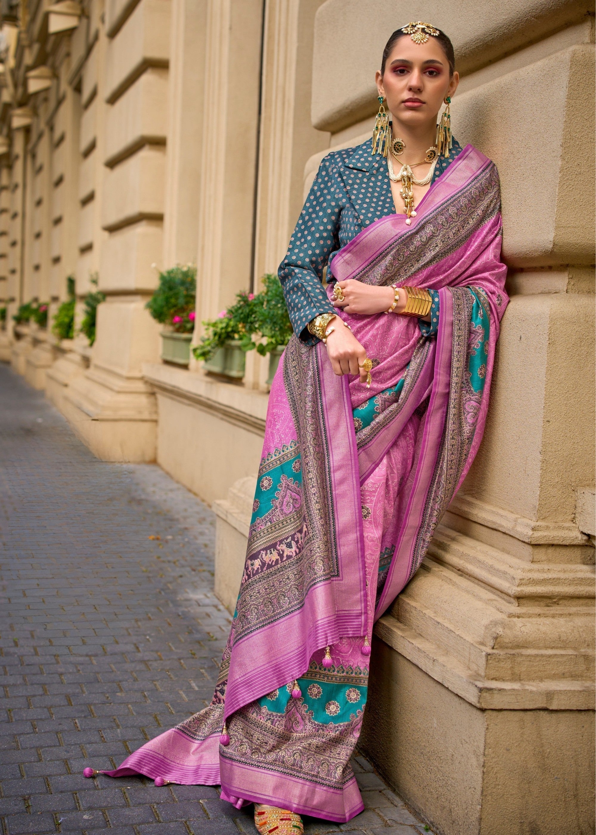 Fuscia Pink Poly Viscose Silk Saree With Foil Print - qivii