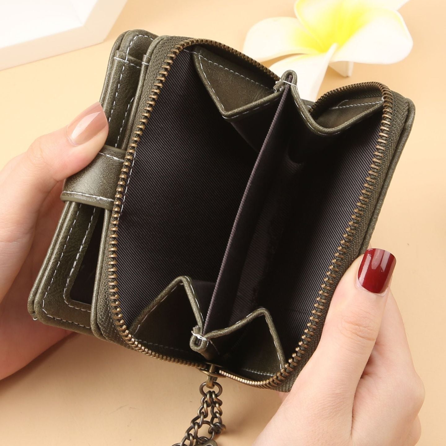 Women's Compact Waxed Leather Wallet – Zip Closure Organizer (Coin Purse, ID Slot & Card Holder)