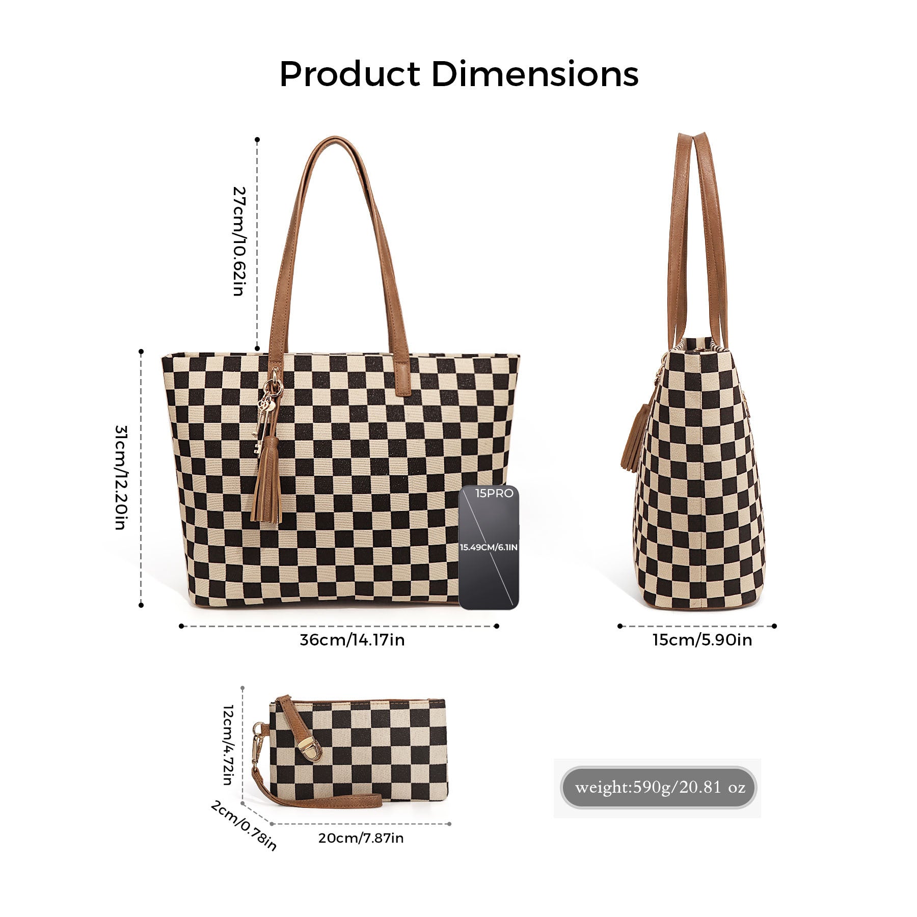 Ounamei Checkered Tote Bag for Women | Large Laptop Work Bag with Matching Pouch, Top Handle & Shoulder Carry