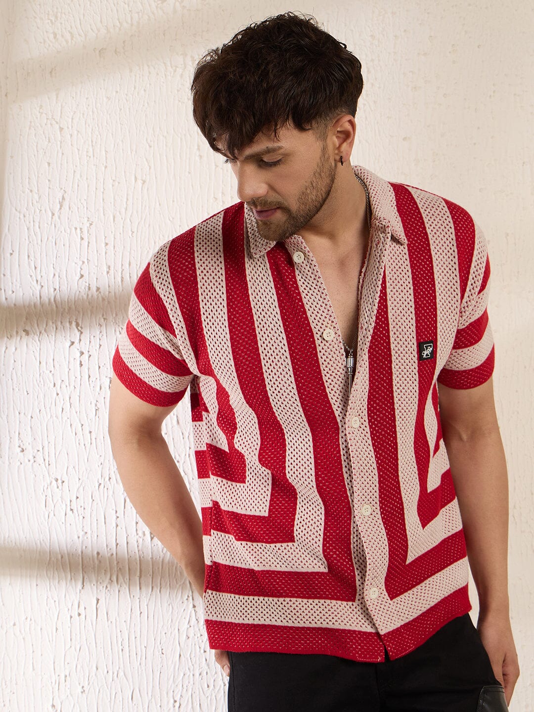 Red Striped Crochet Knitted Shirt - qivii