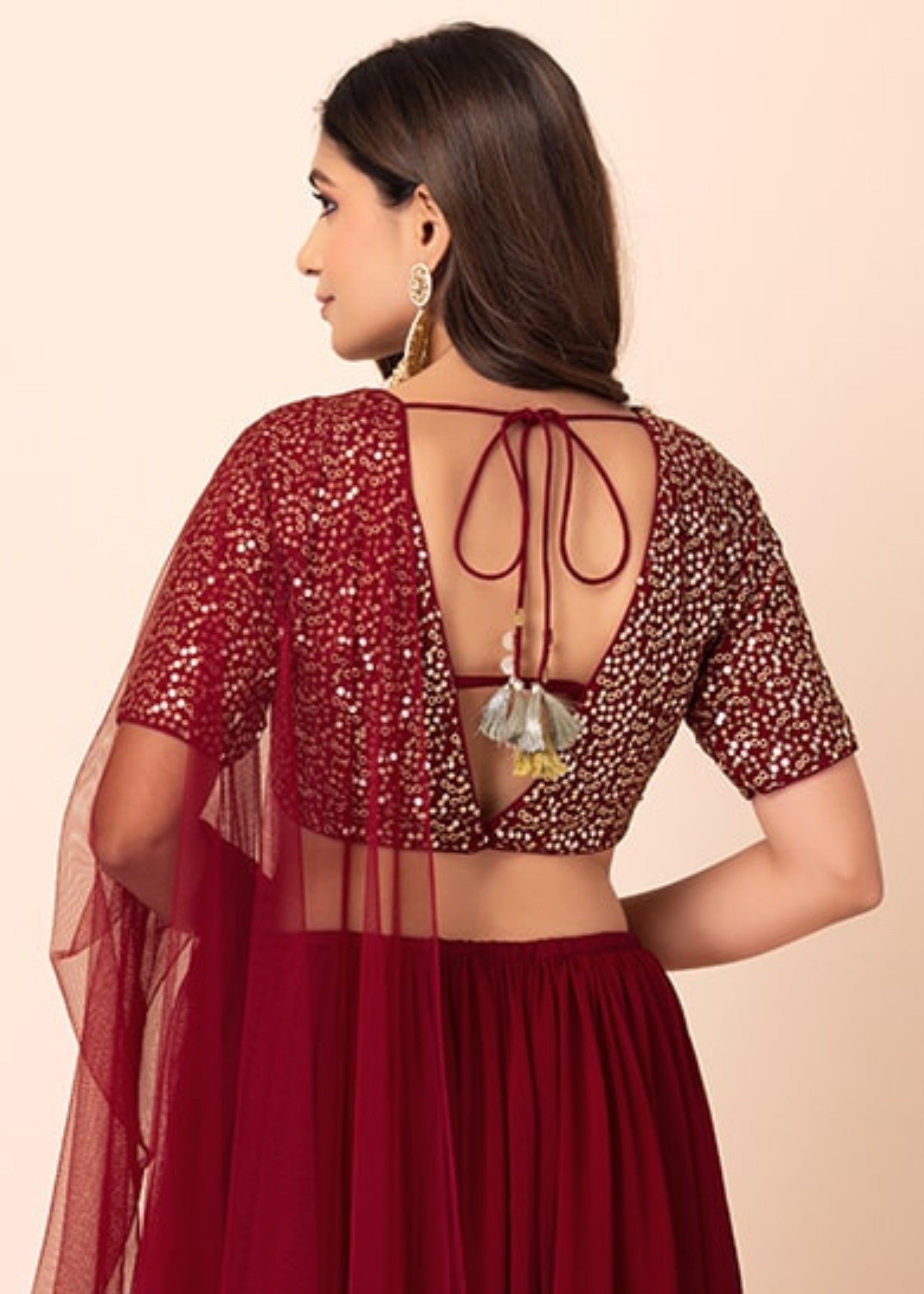 Garnet Red Georgette Lehenga Choli With Sequins And Thread Embroidery Work | Ready To Wear - qivii
