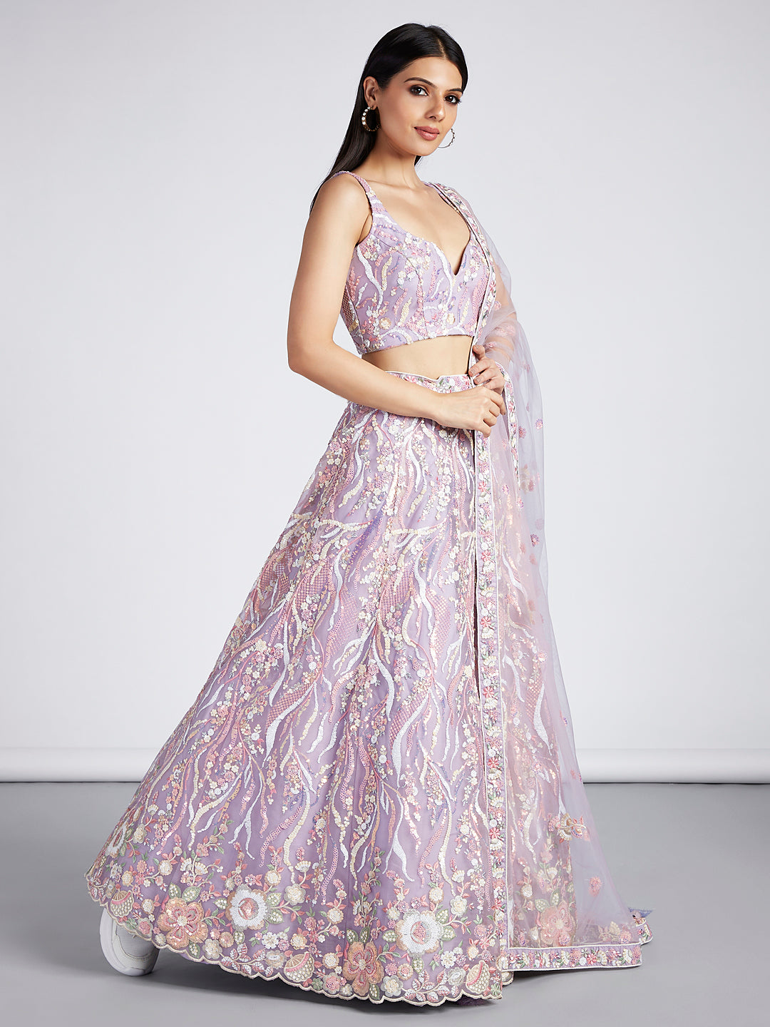 Lavender - Multi-Sequins & Thread Work Embroidery Net Semi-Stitched Lehenga - qivii