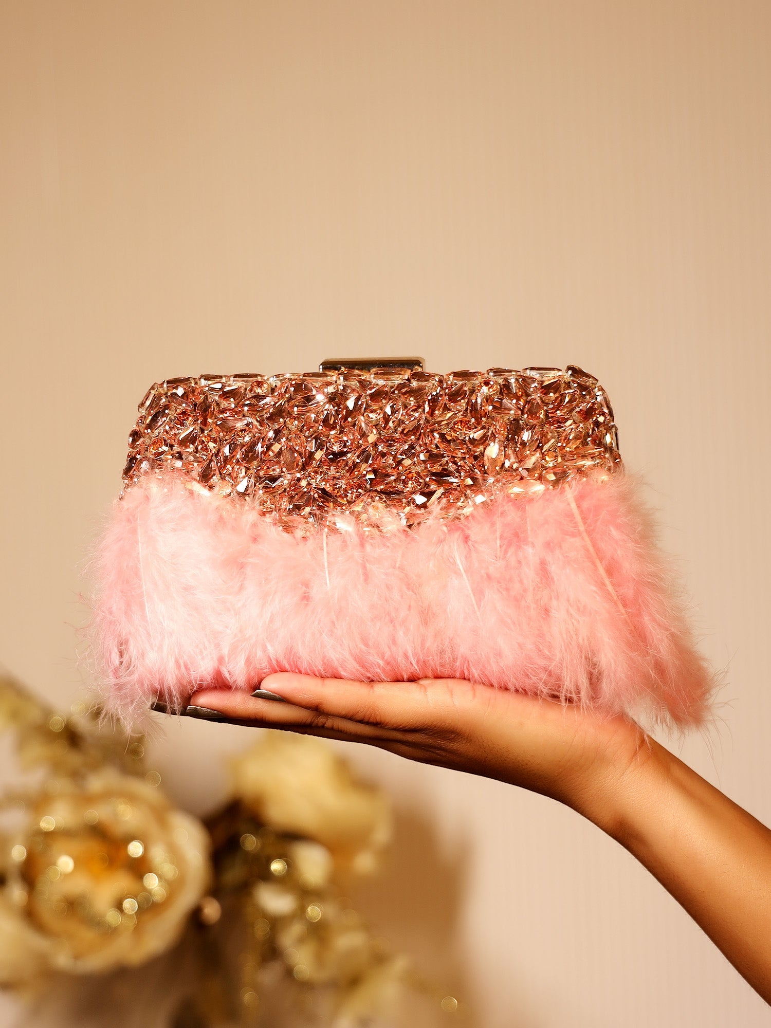 Camilla Rose Gold Feather Evening Clutch - qivii