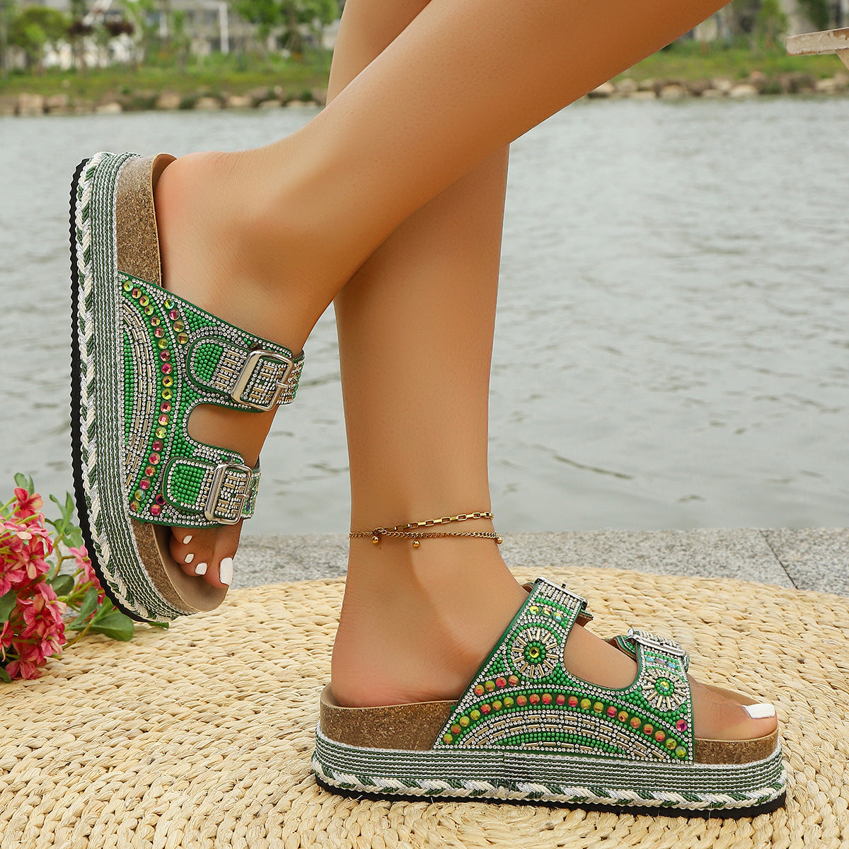 Women’s Calyra Rhinestone Platform Slide Sandals – Boho Metallic Buckle Rope Detail Resort Slides (US 5–10.5)