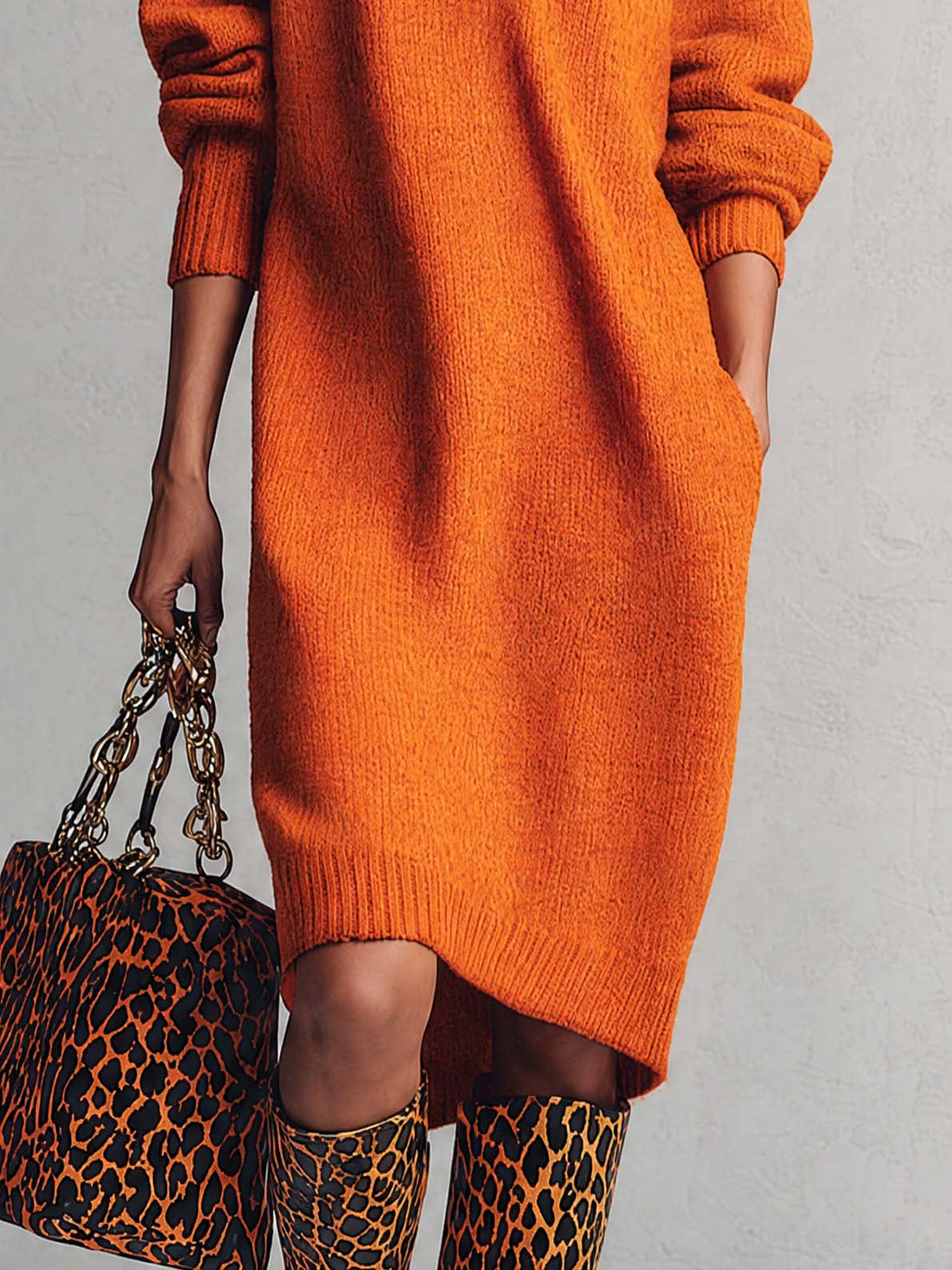 Comfortable And Fashionable Lapel Front Button Orange Knitted Midi Dress - By Qivii