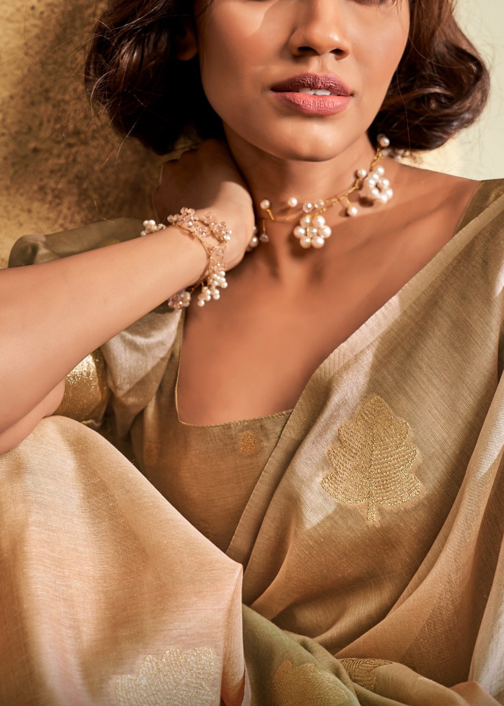 Beige Golden Handloom Khadi Silk with Digital Print - qivii