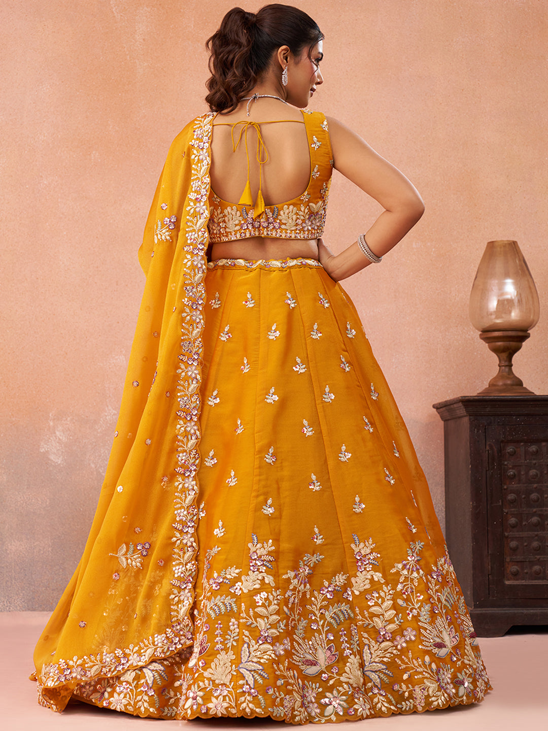 Mustard Tissue Sequined with Zari Embroidered Lehenga Set