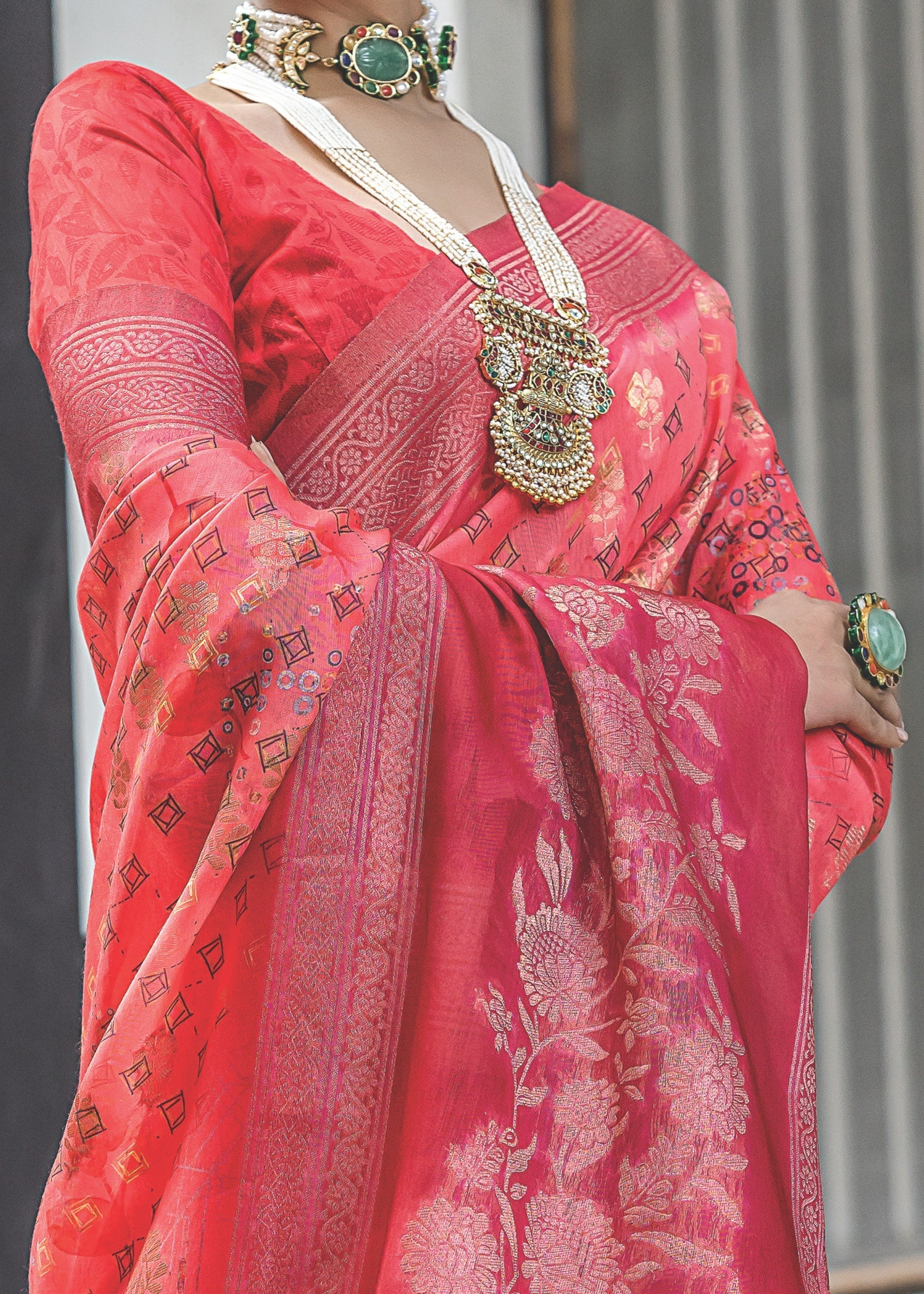 Candy Red Woven Silk Saree - qivii