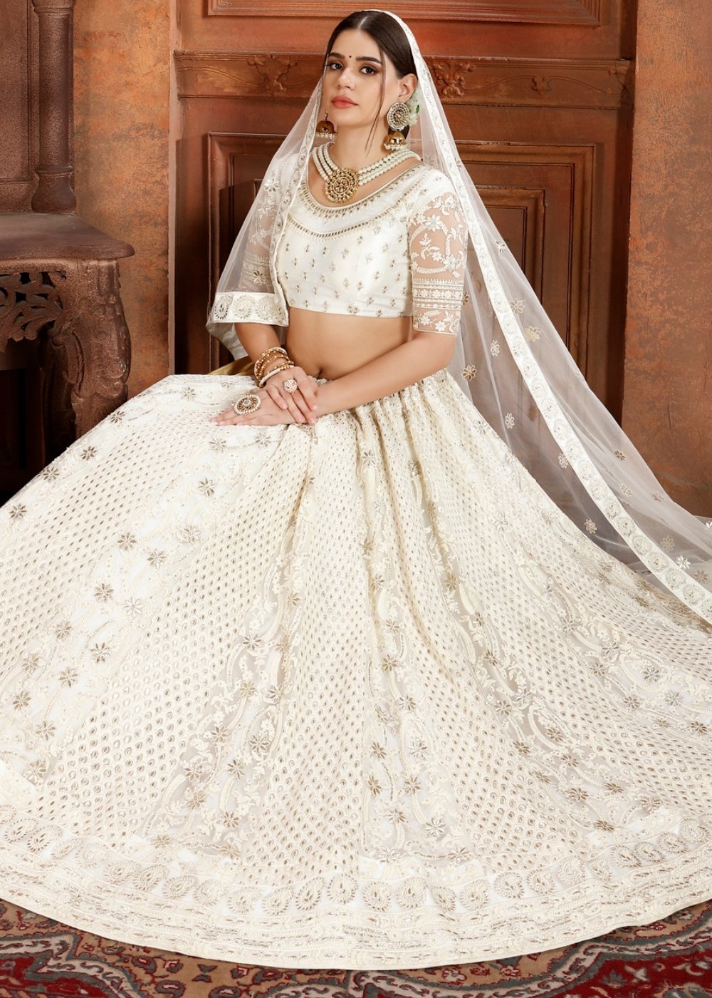 Daisy White Soft Net Lehenga Choli with Thread,Zari, Zarkan & Pearl work | Ready To Wear - qivii