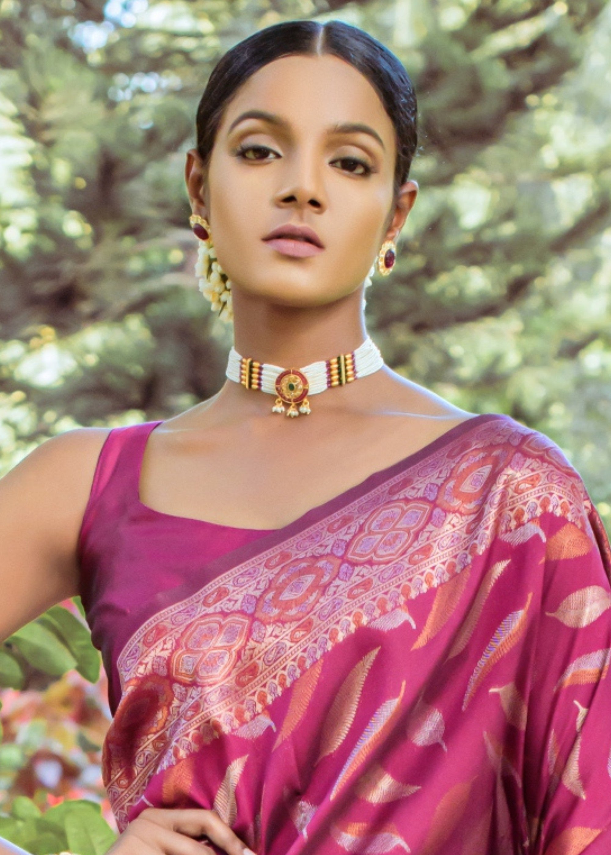 Magenta Pink Zari Woven Silk Saree - qivii