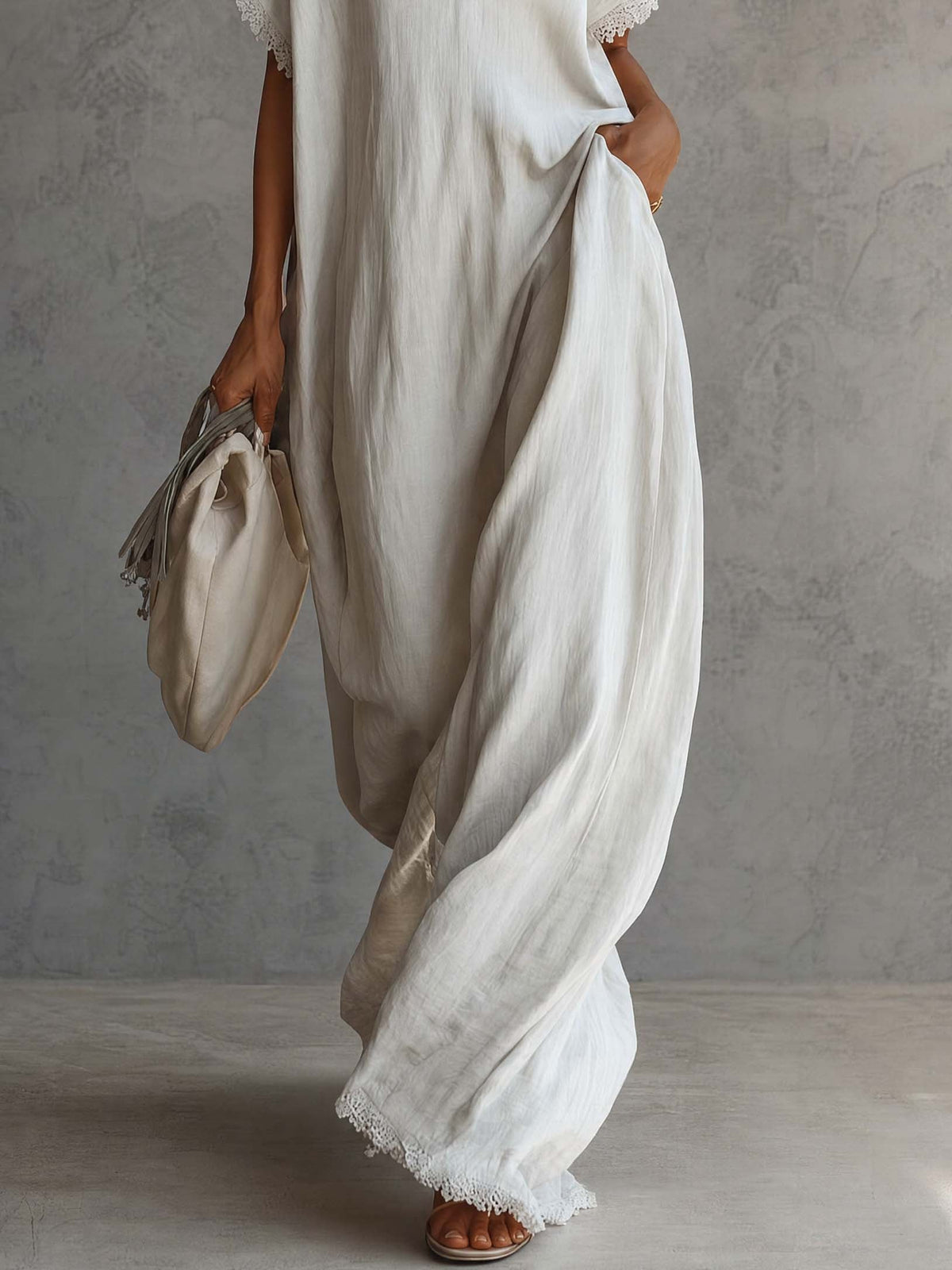 Casual Bohemian Urban V-neck Short-sleeved Lace Trim White Cotton Maxi Dress - By Qivii