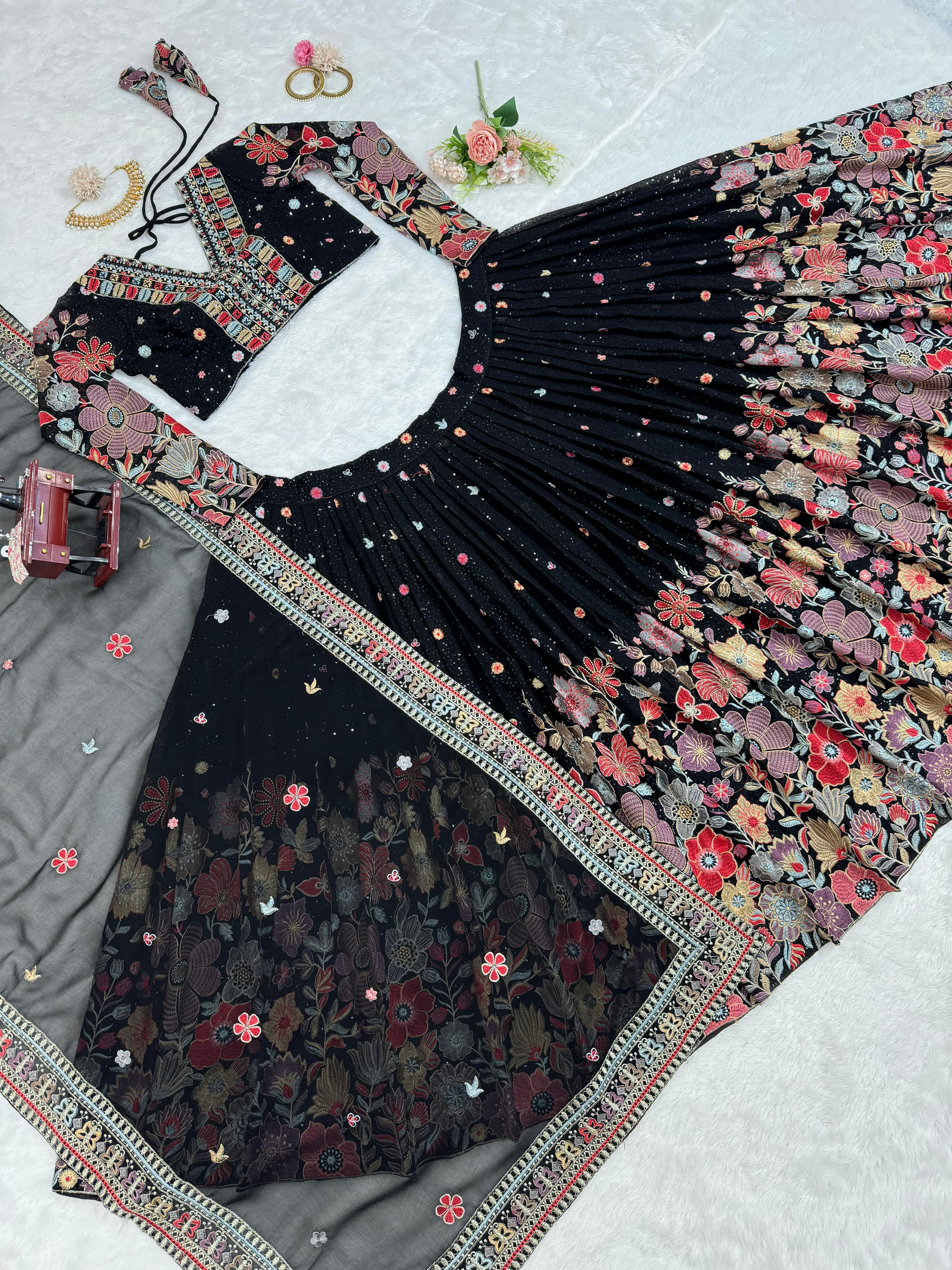 Black Foux gorgette Sequnce with thread Lehenga choli - INSPIRED | Ready To Wear - qivii