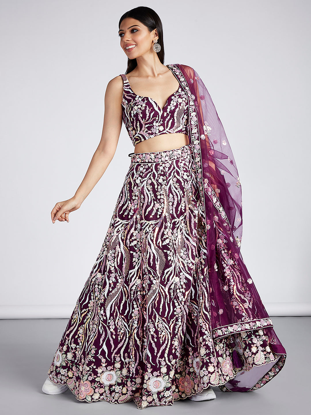 Burgundy - Multi-Sequins & Thread Work Embroidery Net Semi-Stitched Lehenga - qivii