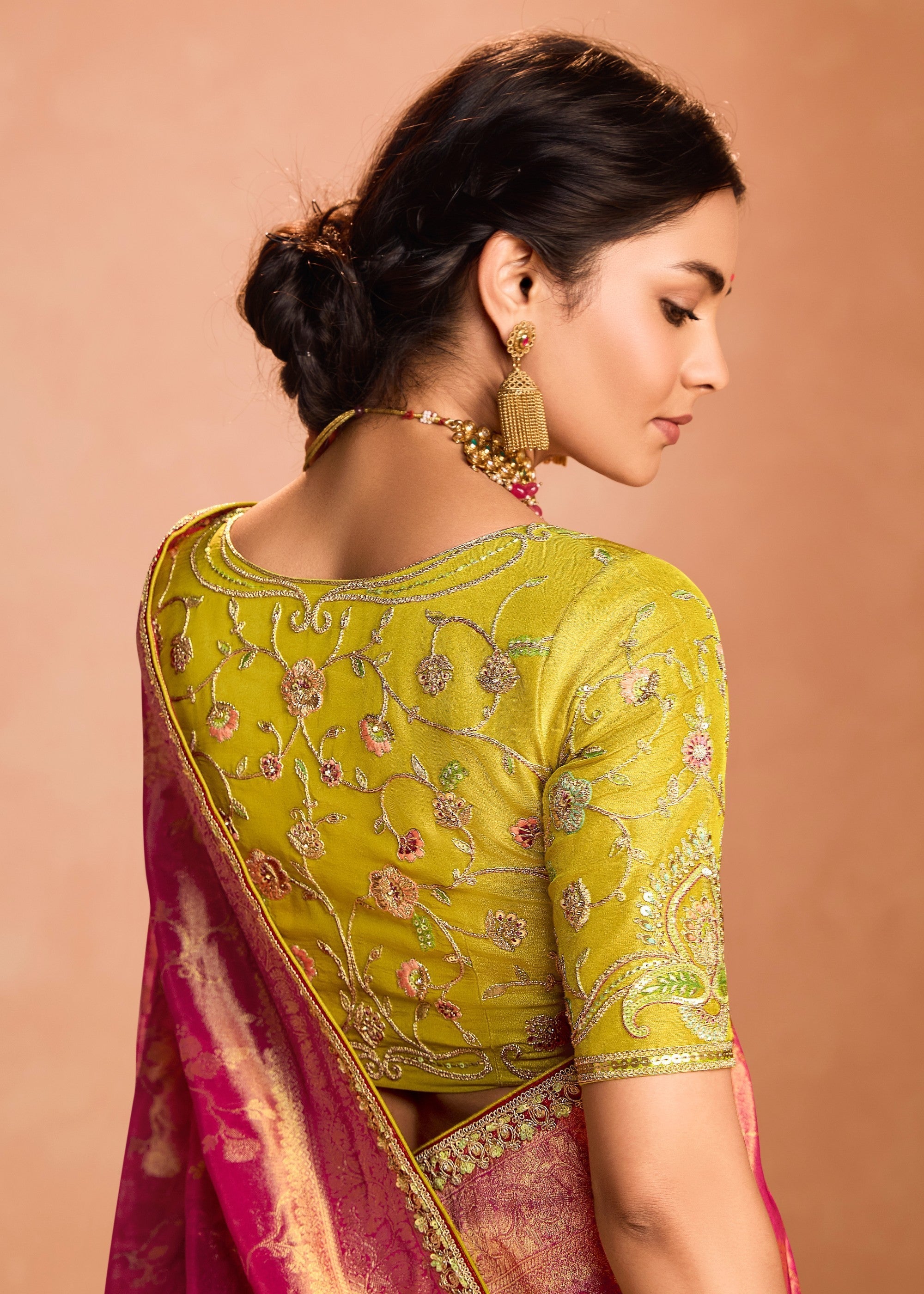 Rani Pink Zari Tissue Silk Saree With Weaving Work And Heavy Embroidery Lace - qivii