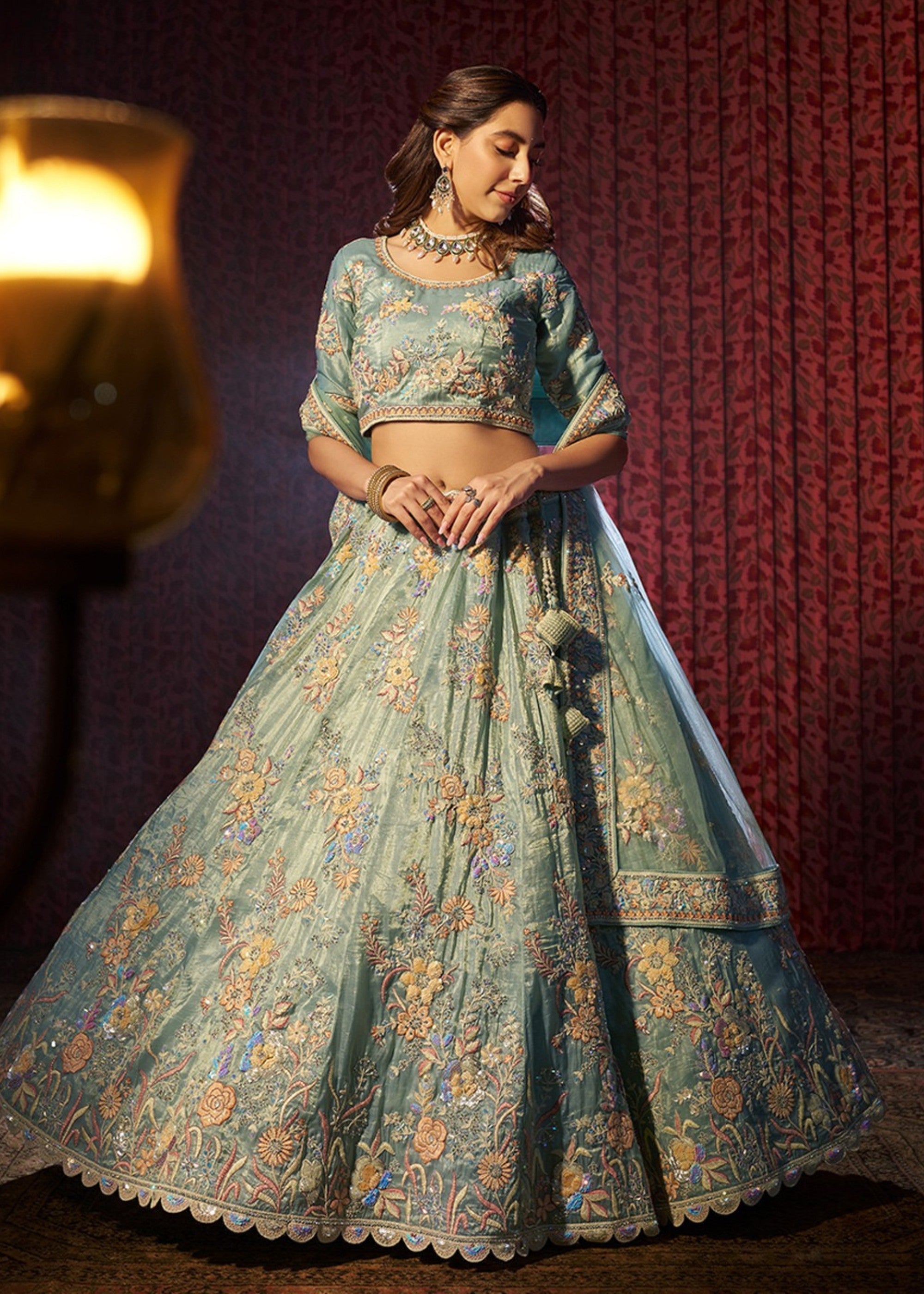 Torquise Dori Sequins Thread work Organza Lehenga | Ready To Wear - qivii