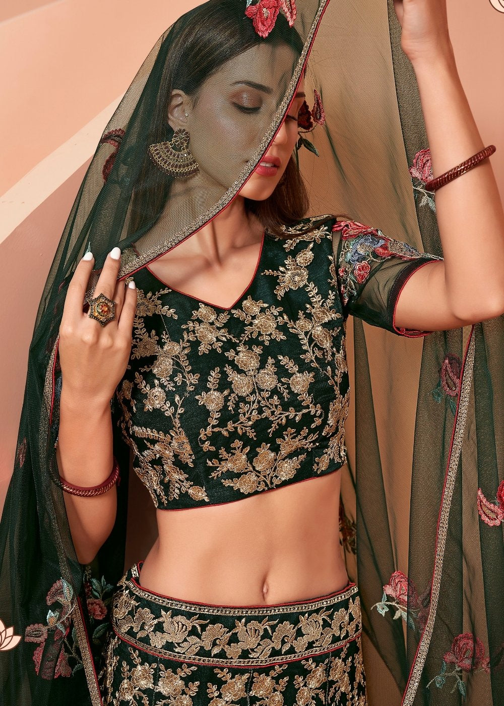Timber Green Net Lehenga Choli with Thread, Zari & Sequence work: Wedding Edition | Ready To Wear - qivii