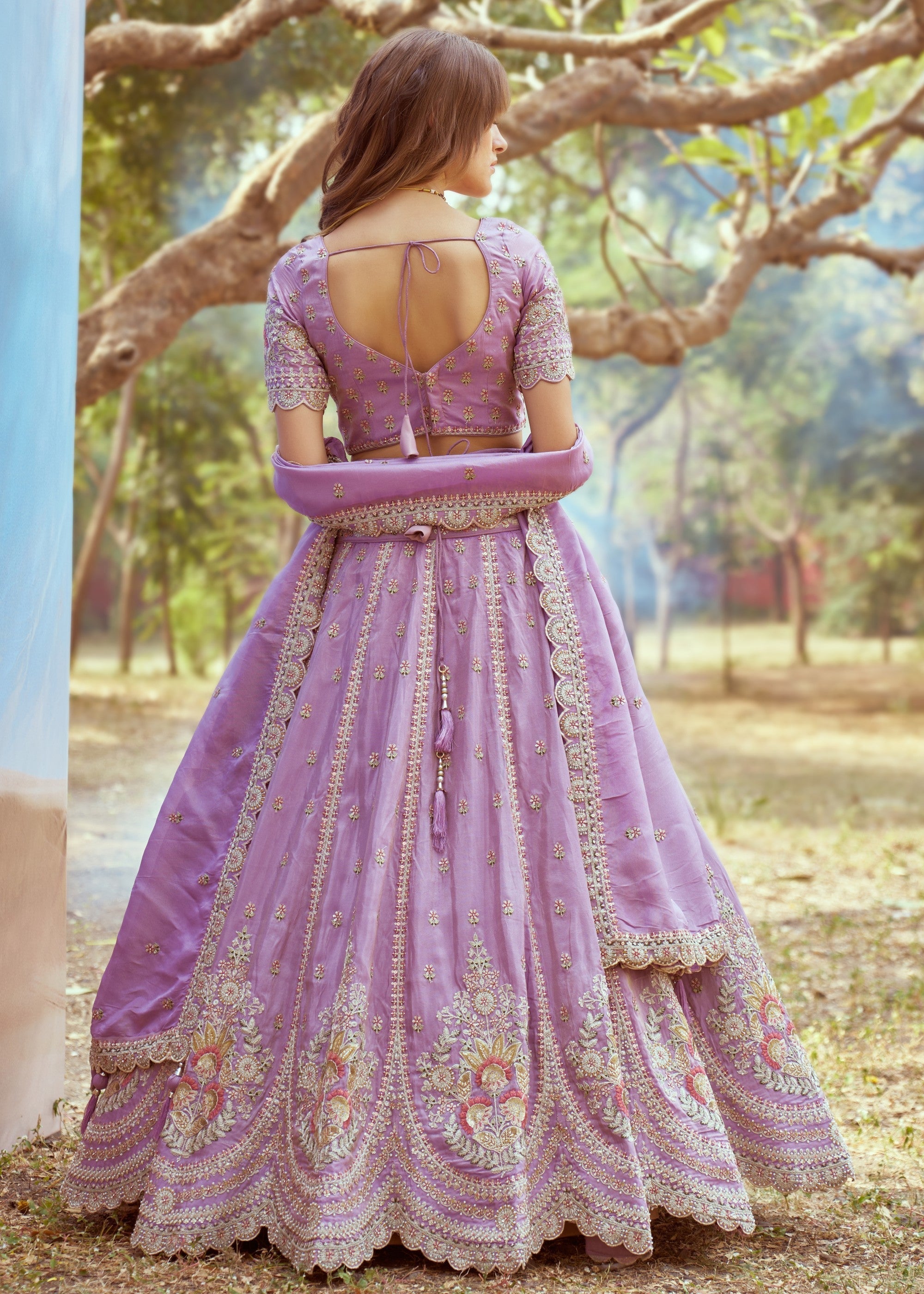 Lavender Gold crushed Tissue Fabric Moti, Zari work Lehenga | Ready To Wear - qivii