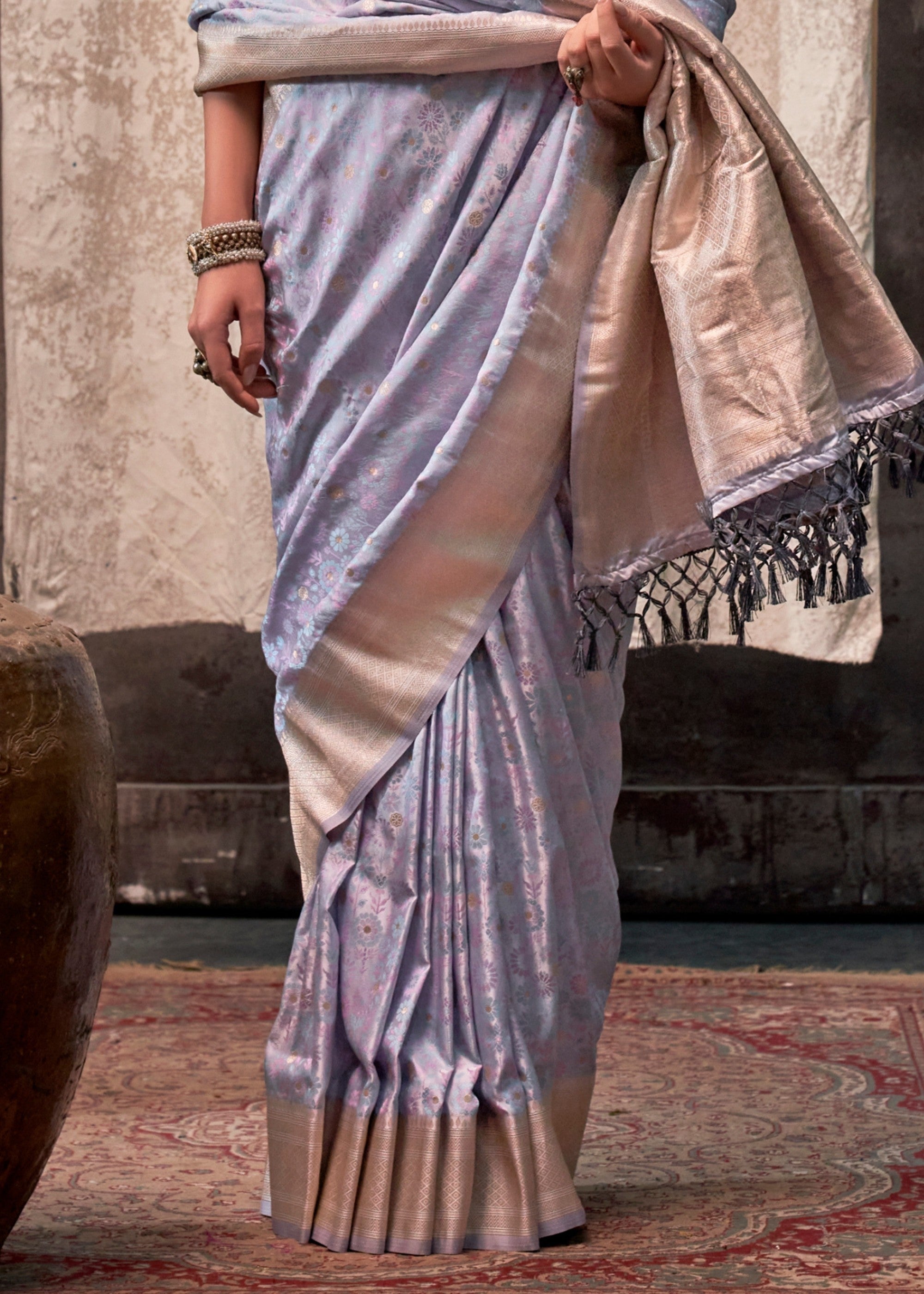 Sky Blue Pure Satin Handloom Weaving Silk Sarees - qivii