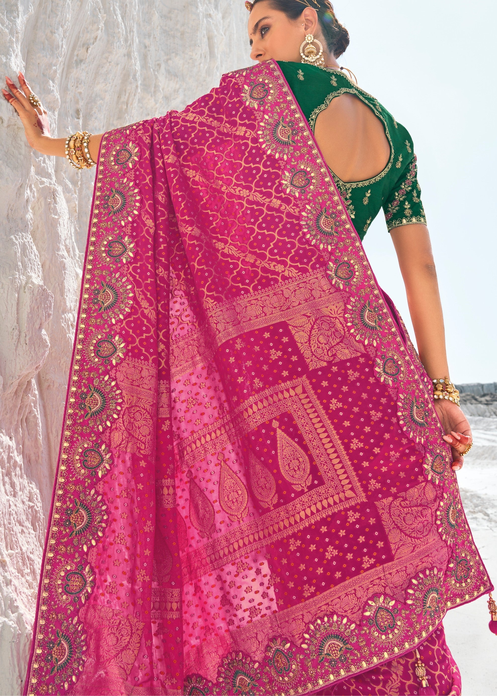 Wild Berry Pink Pure Georgette Bandhani Patola With Zari Weaving Heavy Work Saree - qivii