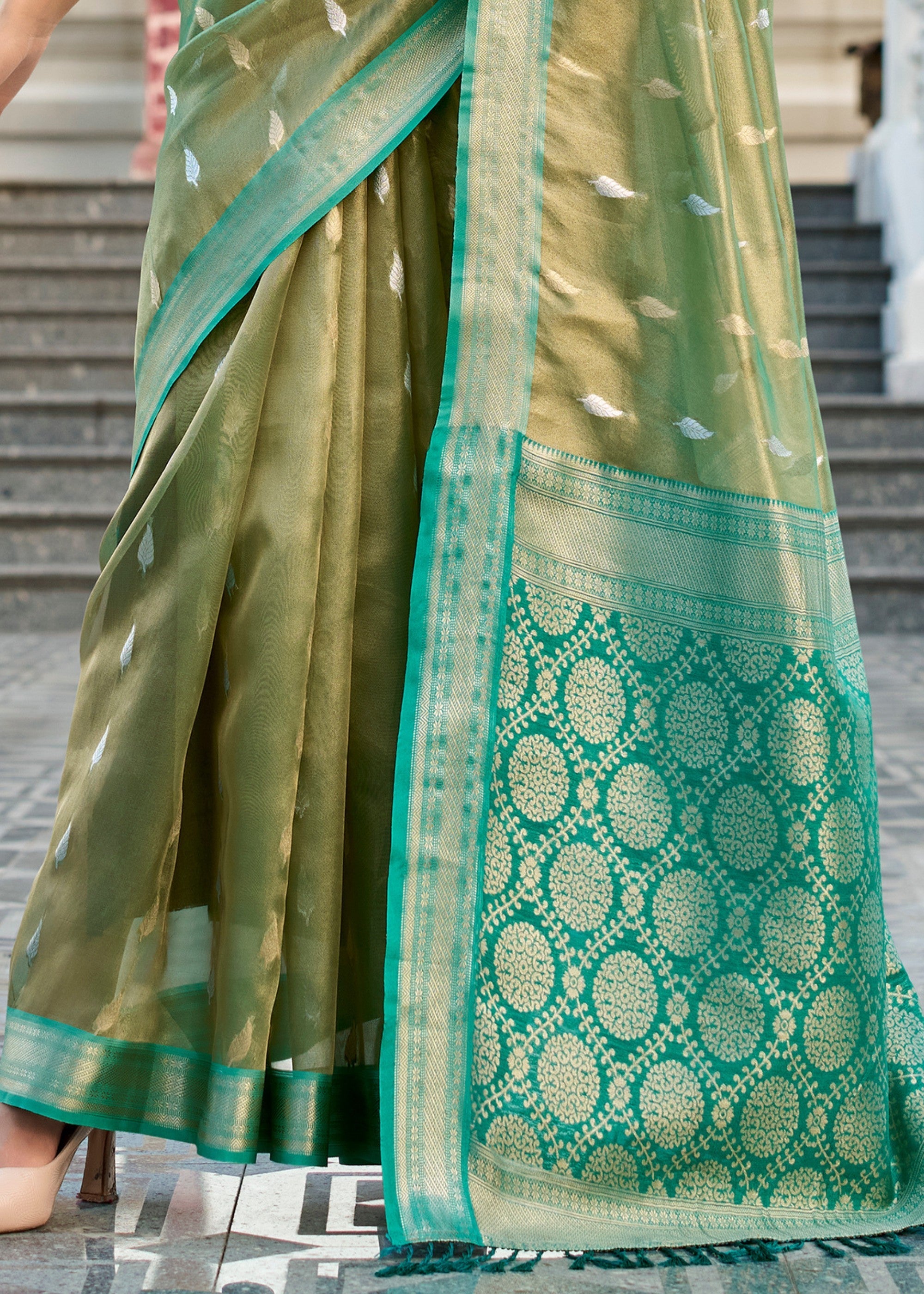 Shades of Green Tissue Silk Saree With Zari Weaving And Contrast Blouse - qivii