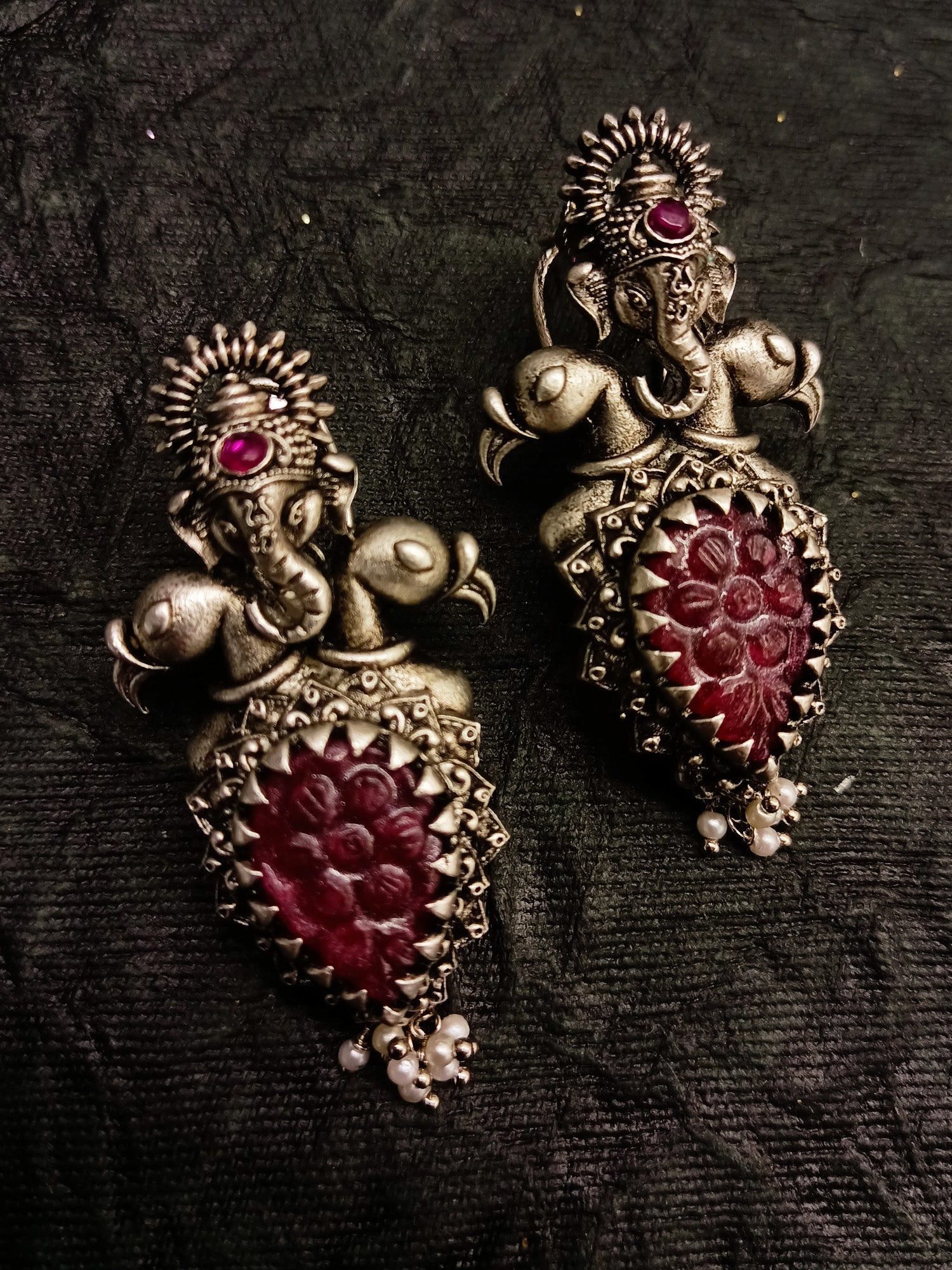 Jessie Ganesha Earrings With Maroon Carved Stone - qivii