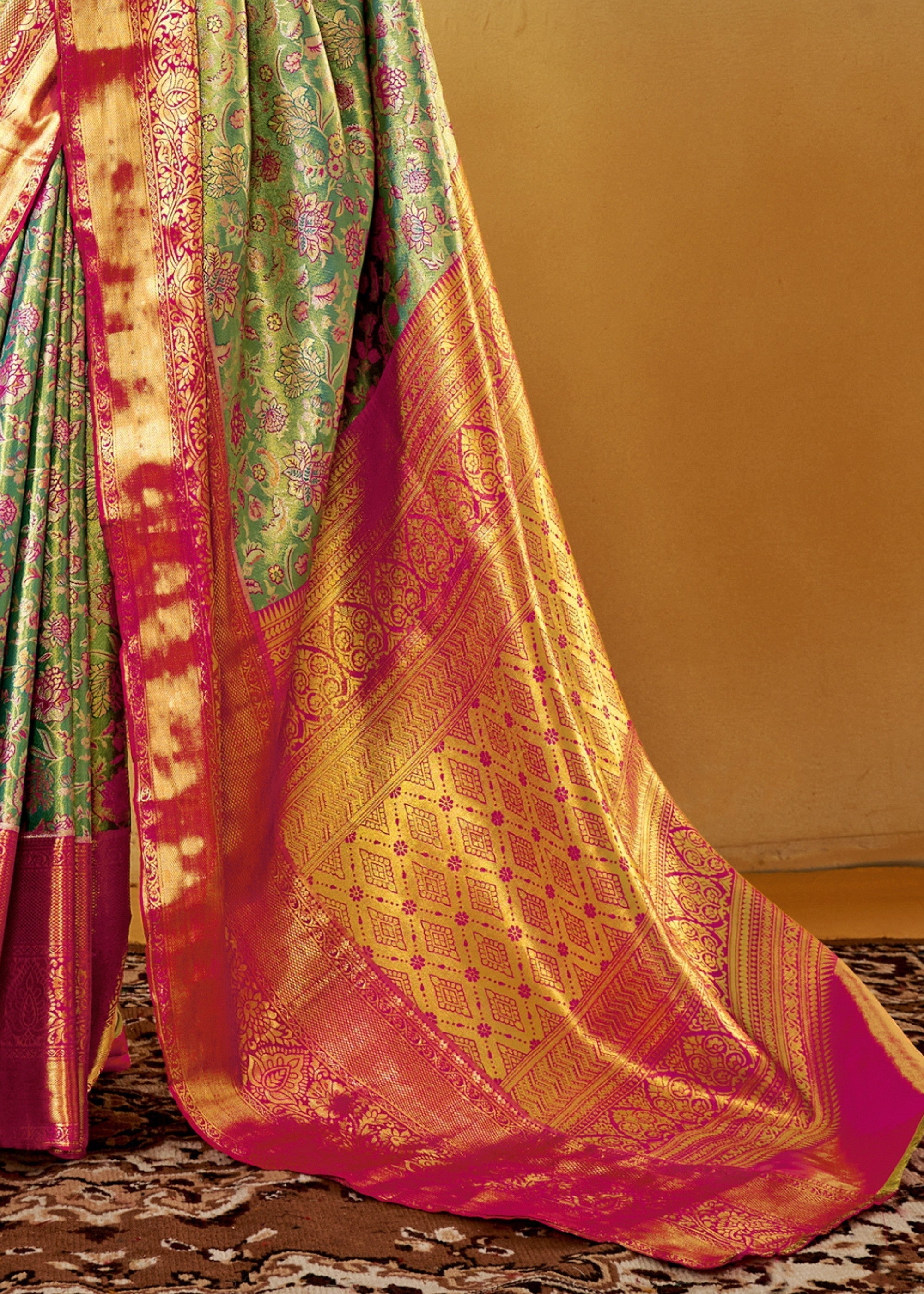 Pink and Green Handloom Dharamavaram Silk Saree - qivii