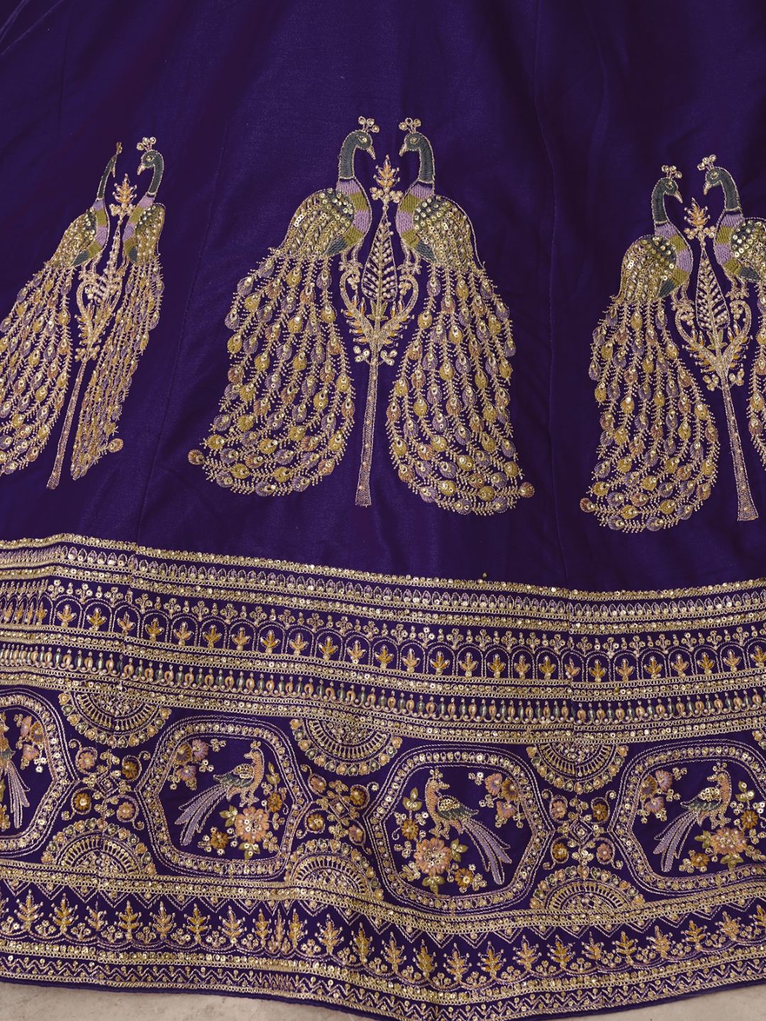 Designer Purple Silk Lehenga Choli with Embroidered Peacock Motifs