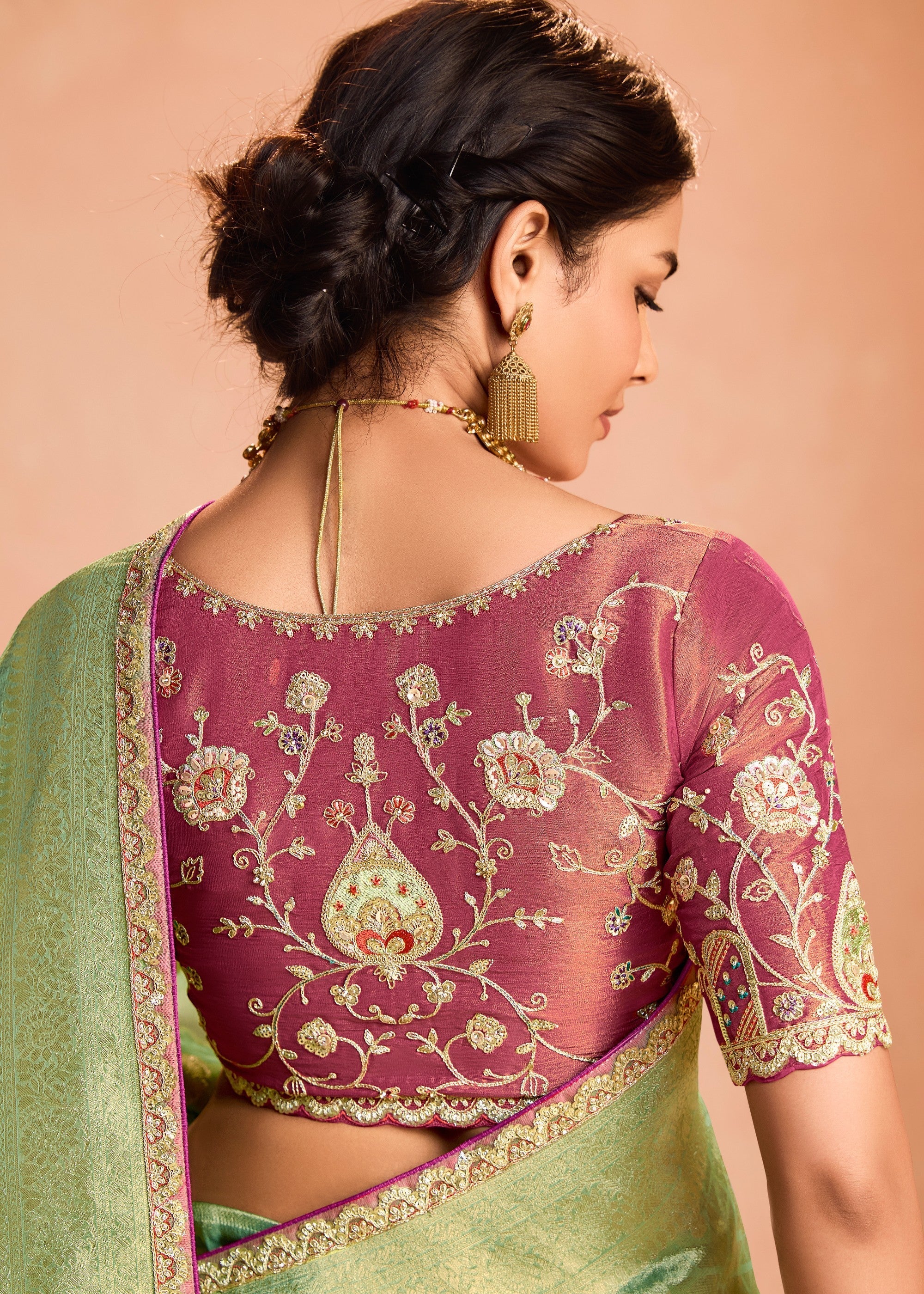 Pastel Green Zari Tissue Silk Saree With Weaving Work And Heavy Embroidery Lace - qivii