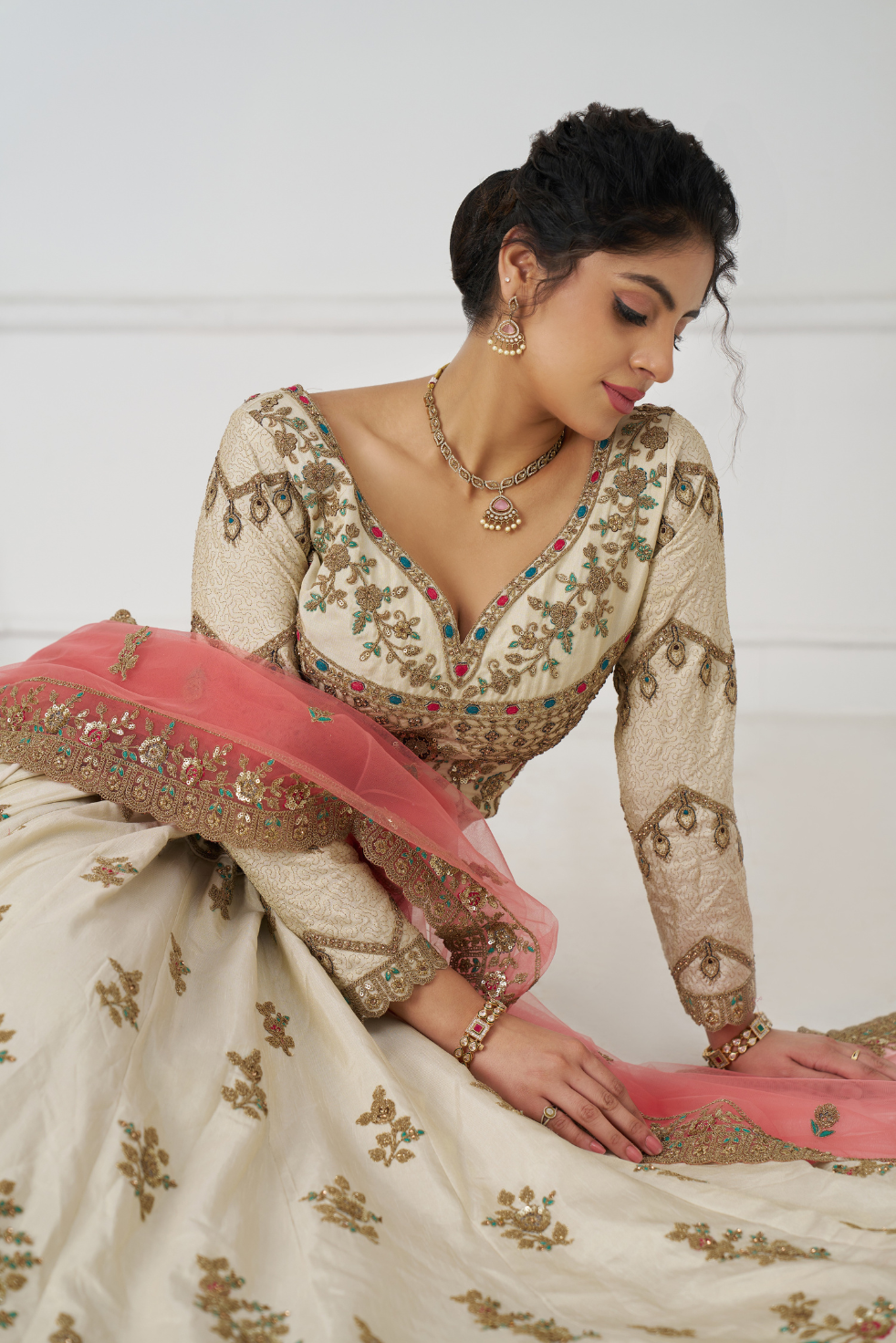 White Embroidered Zari Silk Designer Bridal Lehenga - qivii