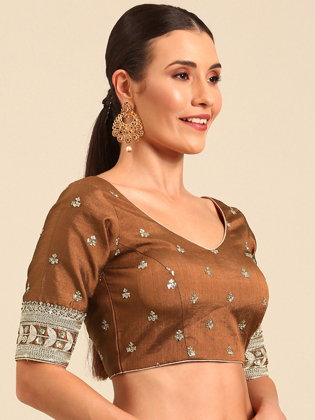 Brown-Toned Pure Silk Embroidery Work Readymade Blouse