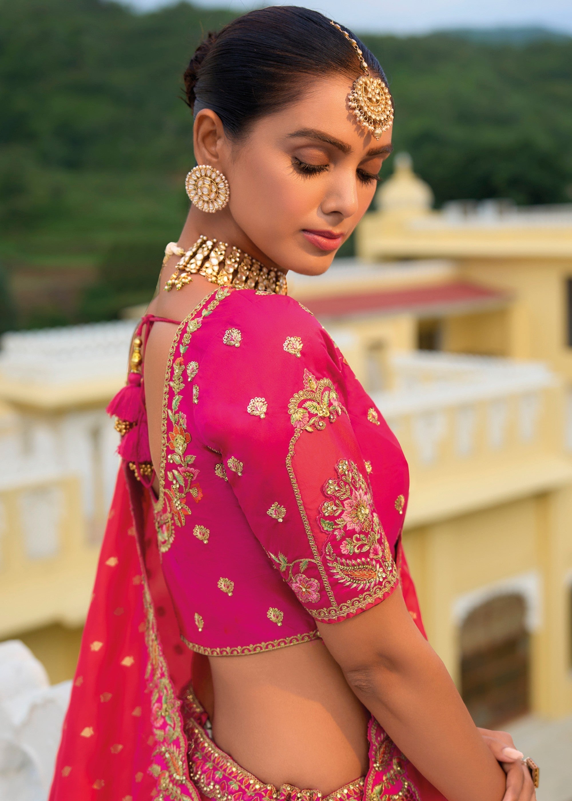 Magenta Pink And Orange Banarasi Silk Lehenga With Heavy Embroidery Work | Ready To Wear - qivii