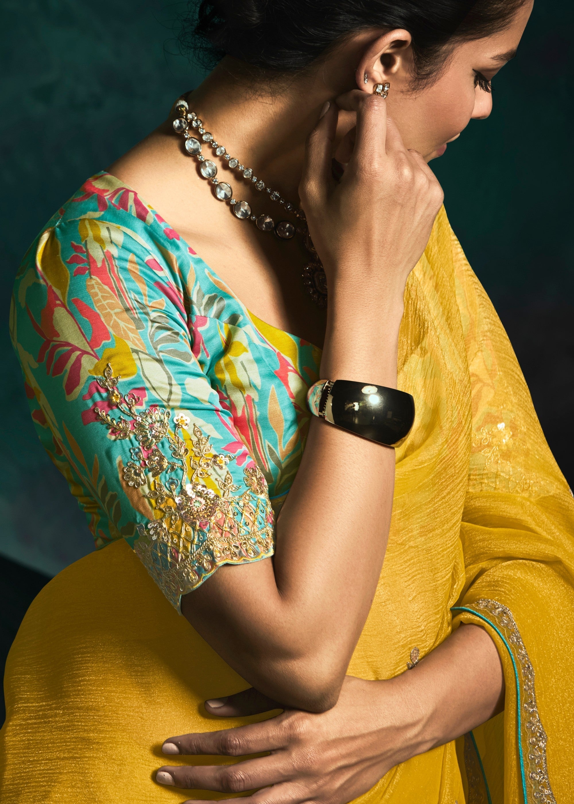 Sunflower Yellow Fancy Fabric Silk Saree With Sequins And Thread Embroidered Butti Work - qivii