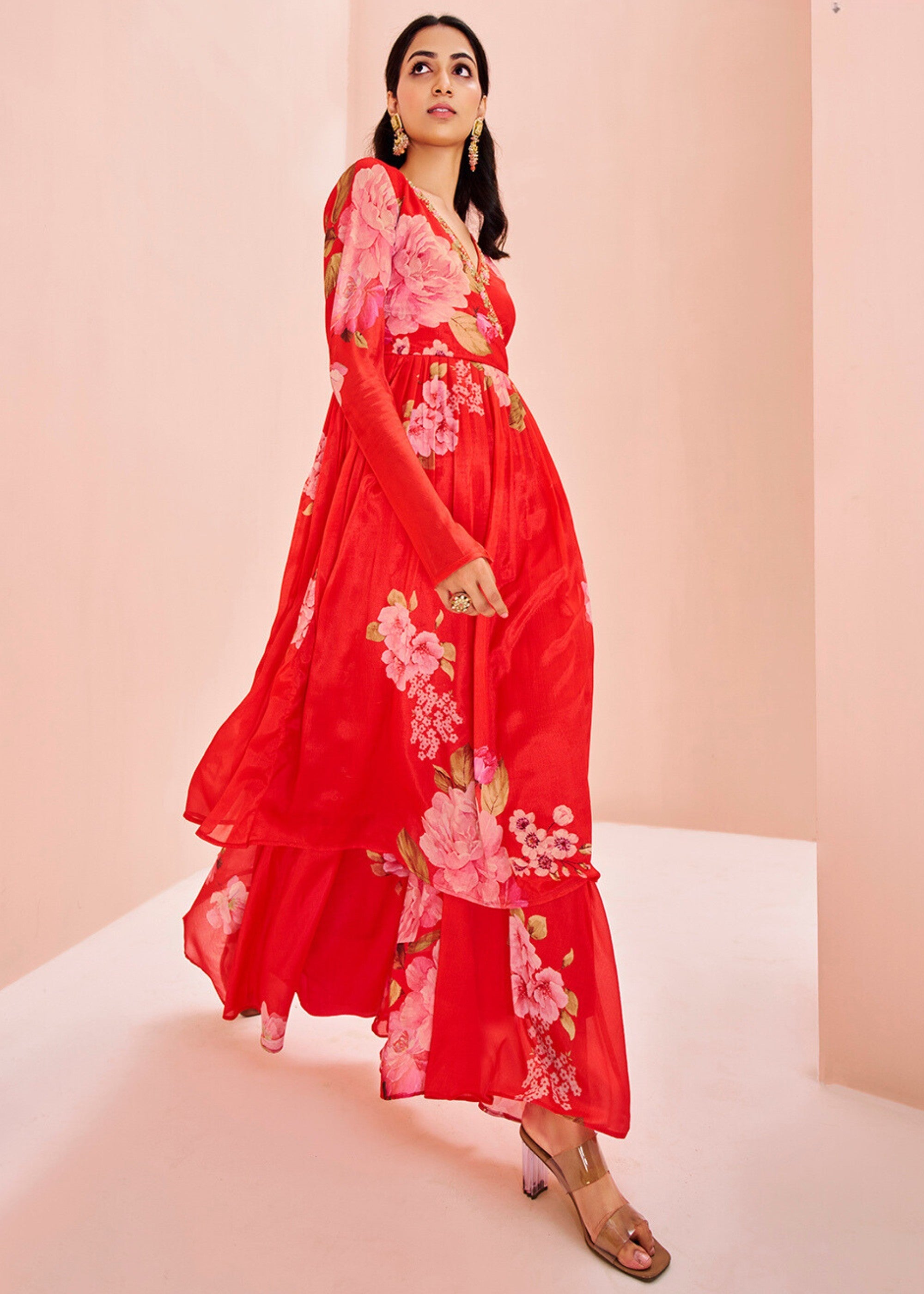 Chinon Red Handwork Kurta with Pant - qivii