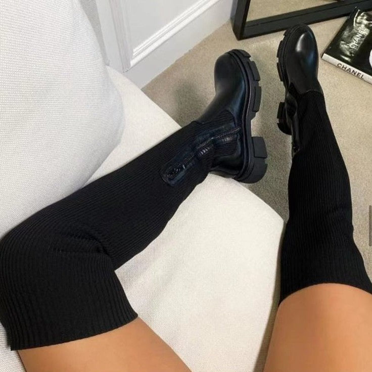 Women's Downtown Stretch Over-The-Knee Boots - Knit & PU Platform Boots (US 4-10.5)